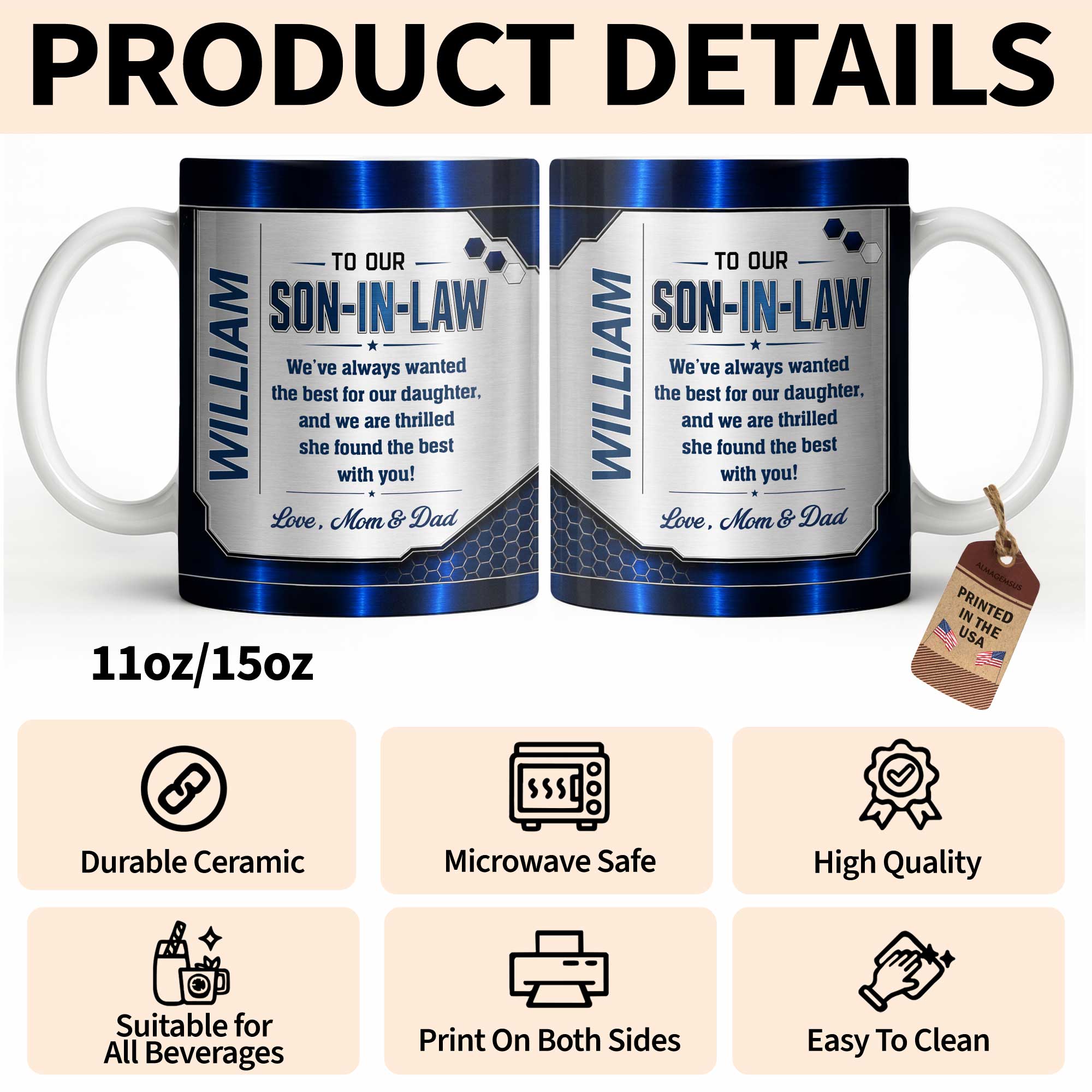 Personalized Custom Coffee Mug Gift for Son-in-Law Metallic Design Edge-to-edge Mug GradoCreations