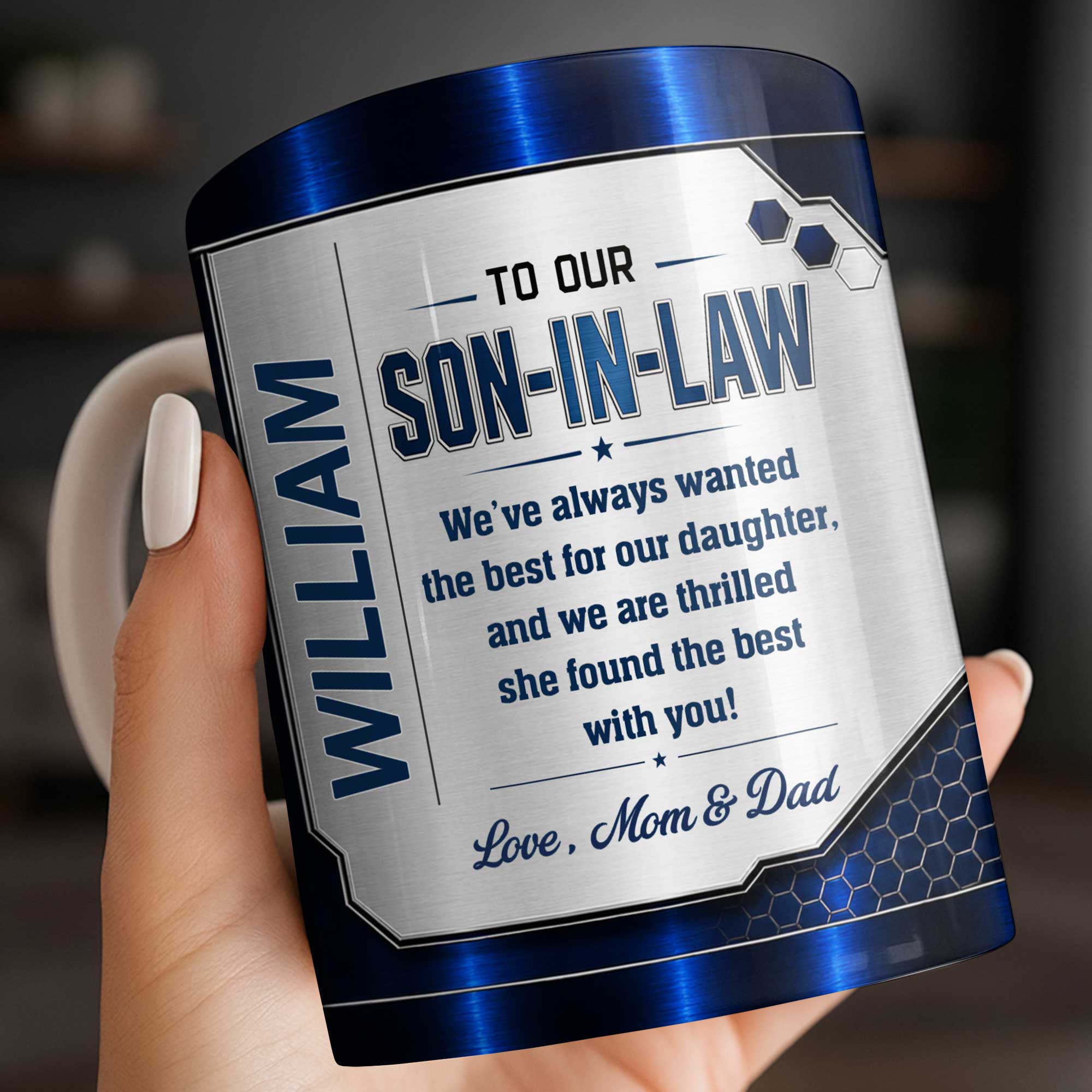 Personalized Custom Coffee Mug Gift for Son-in-Law Metallic Design Edge-to-edge Mug GradoCreations