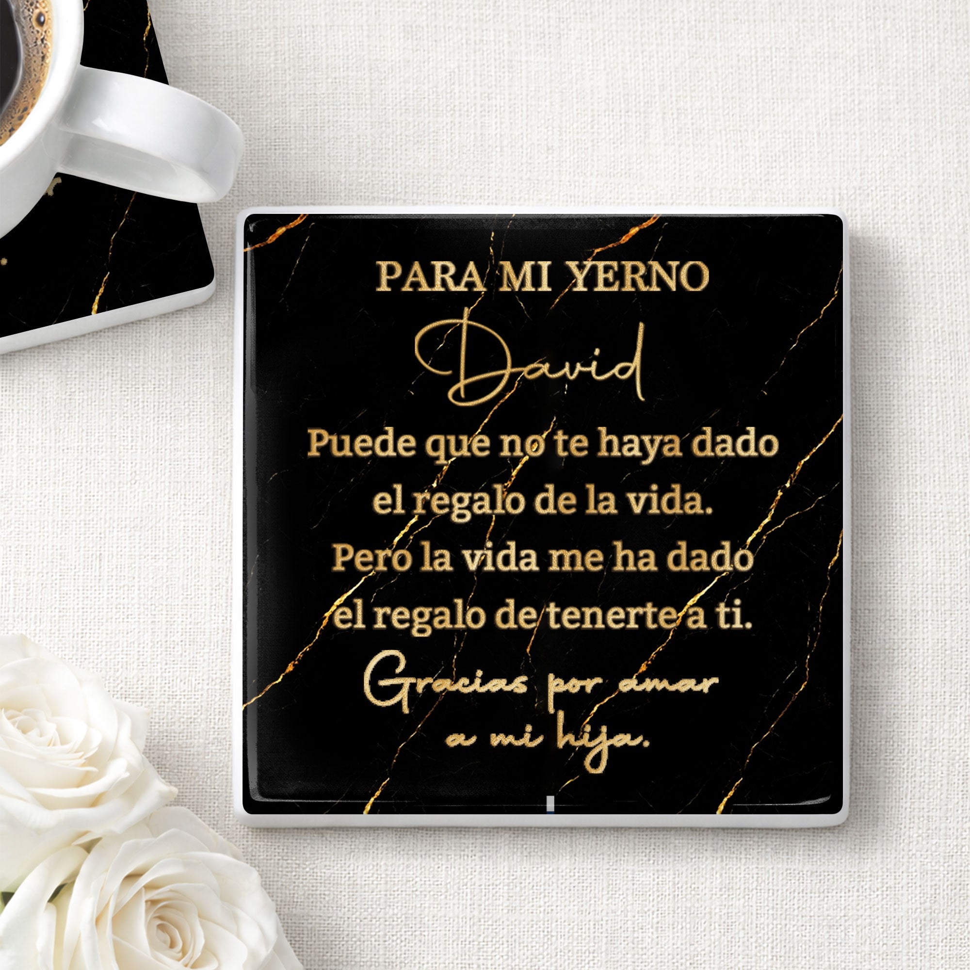 Personalized Black Marble Gold Veins Coaster Gift for Son-in-Law Square Ceramic Coaster GradoCreations