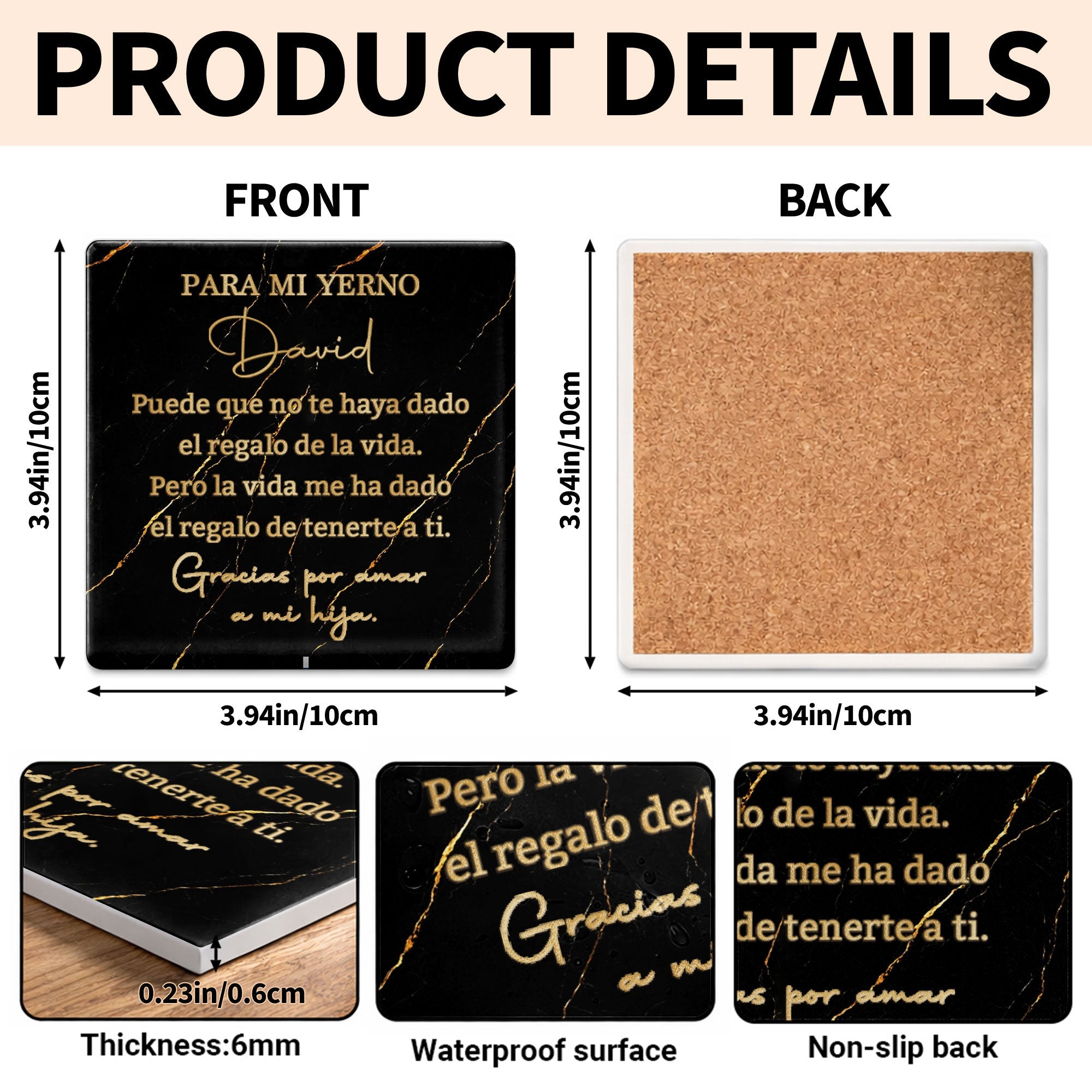 Personalized Black Marble Gold Veins Coaster Gift for Son-in-Law Square Ceramic Coaster GradoCreations