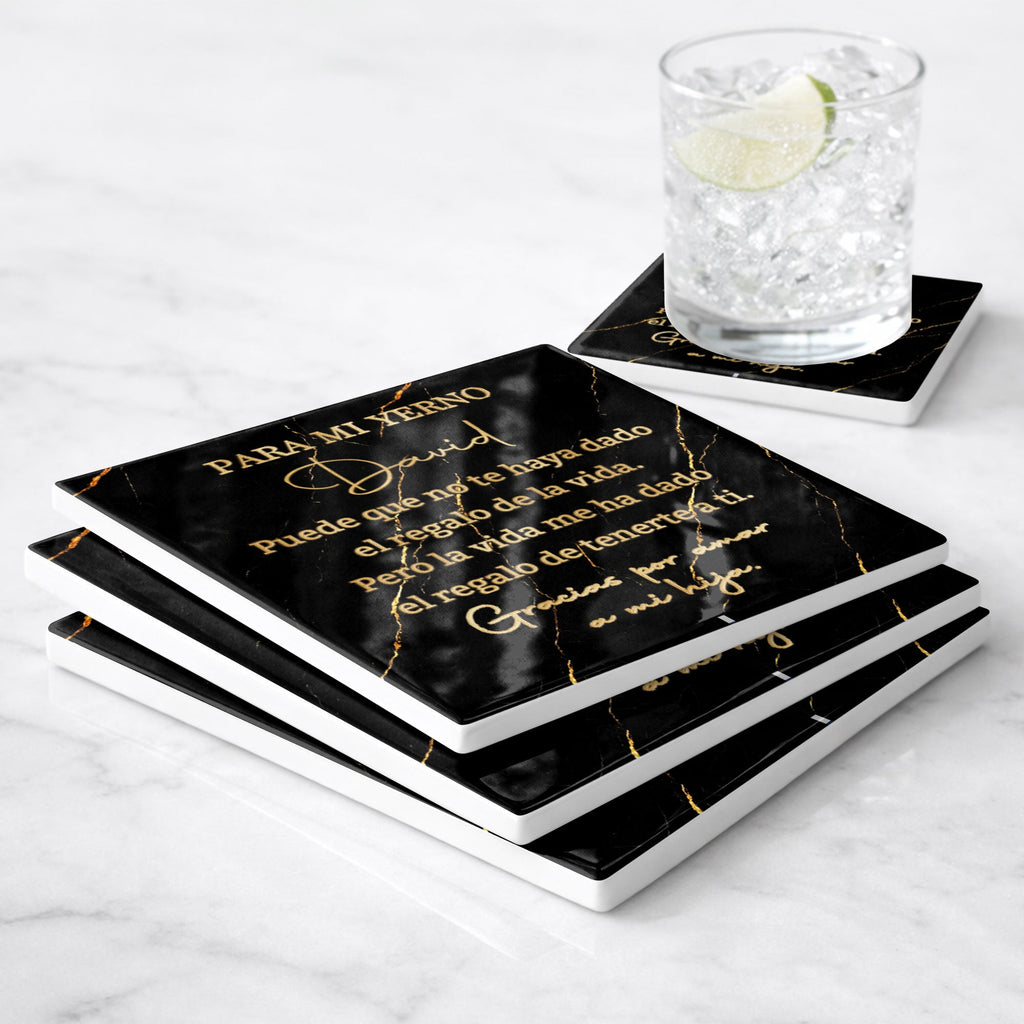Personalized Black Marble Gold Veins Coaster Gift for Son-in-Law Square Ceramic Coaster GradoCreations
