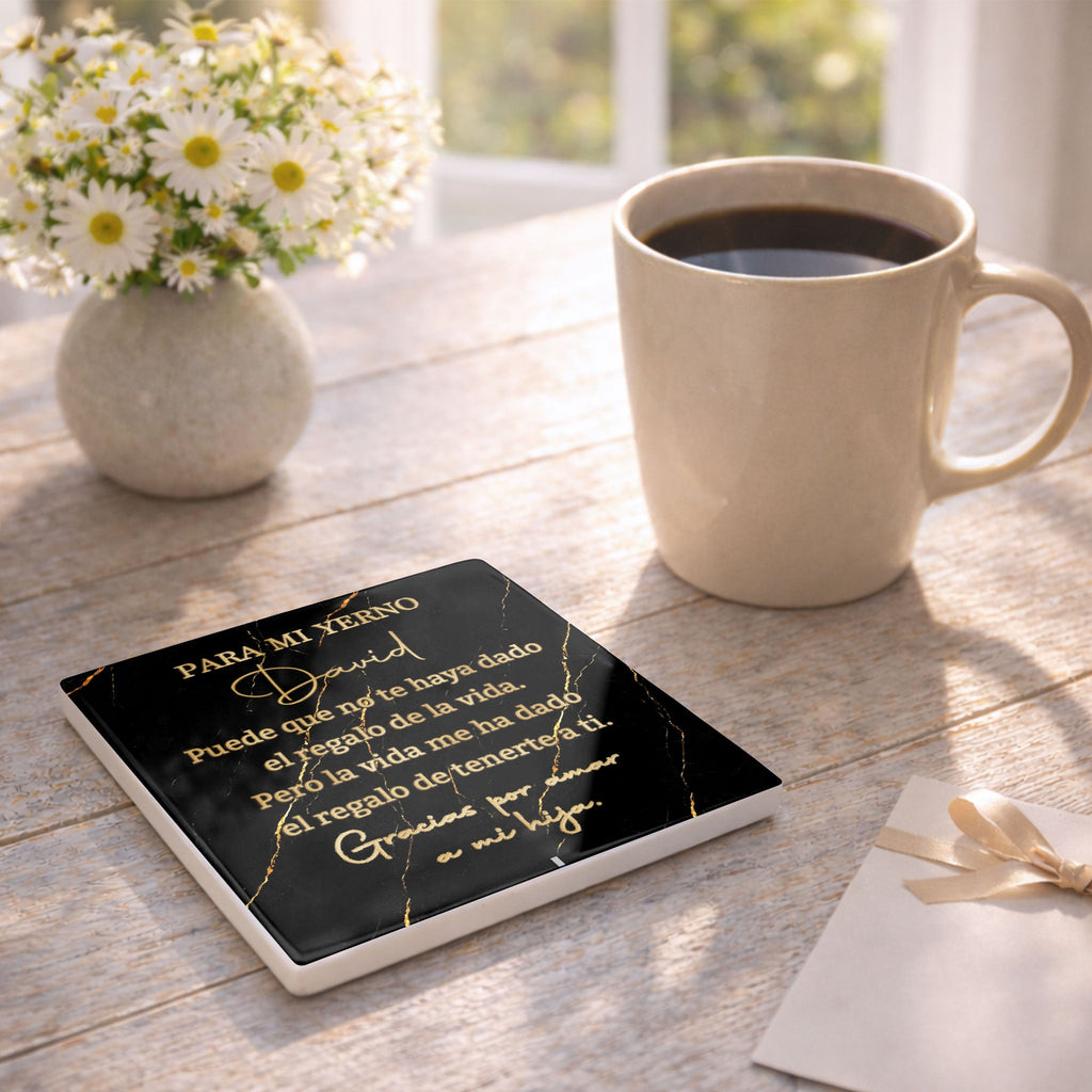 Personalized Black Marble Gold Veins Coaster Gift for Son-in-Law Square Ceramic Coaster GradoCreations