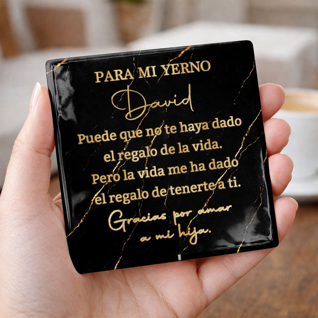 Personalized Black Marble Gold Veins Coaster Gift for Son-in-Law Square Ceramic Coaster GradoCreations