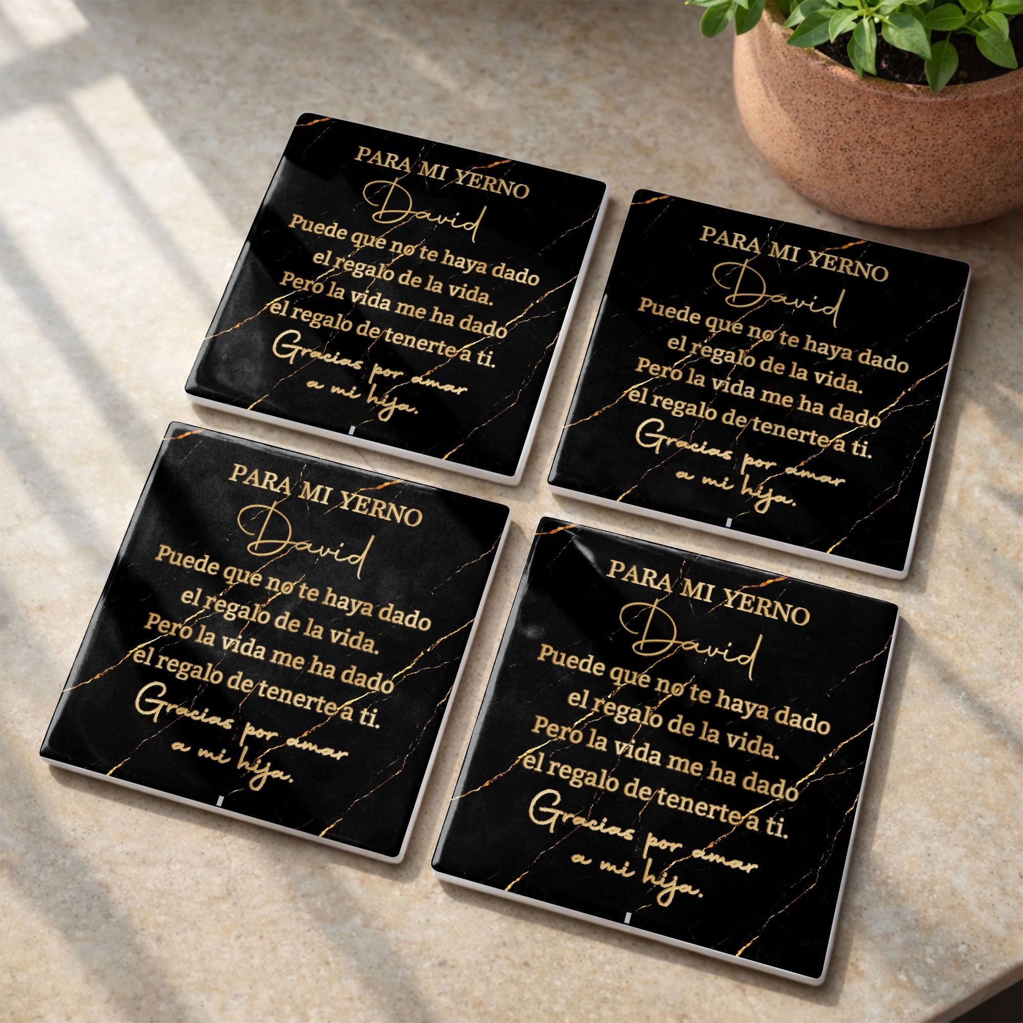 Personalized Black Marble Gold Veins Coaster Gift for Son-in-Law Square Ceramic Coaster GradoCreations