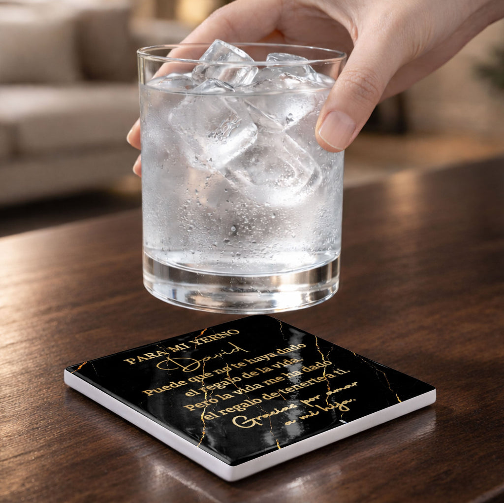 Personalized Black Marble Gold Veins Coaster Gift for Son-in-Law Square Ceramic Coaster GradoCreations