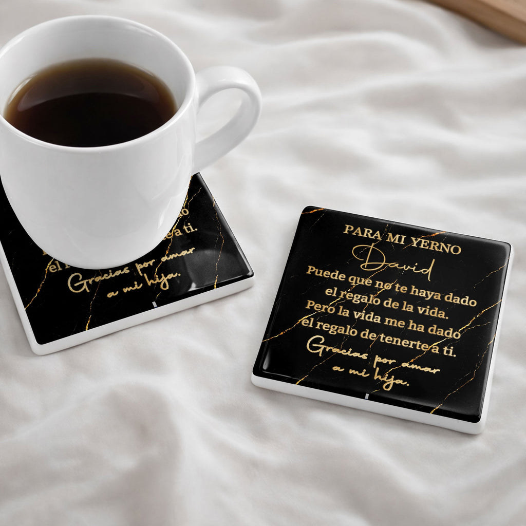 Personalized Black Marble Gold Veins Coaster Gift for Son-in-Law Square Ceramic Coaster GradoCreations