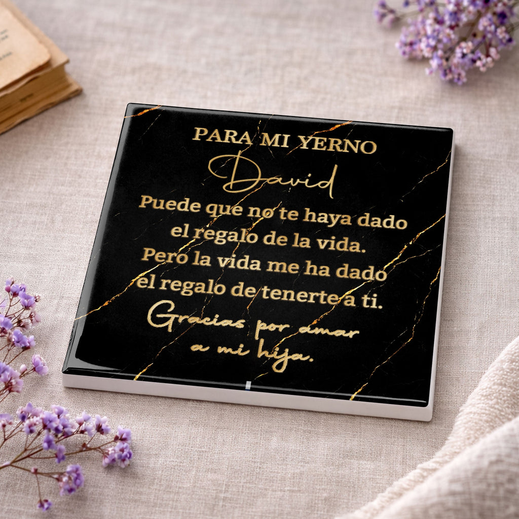 Personalized Black Marble Gold Veins Coaster Gift for Son-in-Law Square Ceramic Coaster GradoCreations