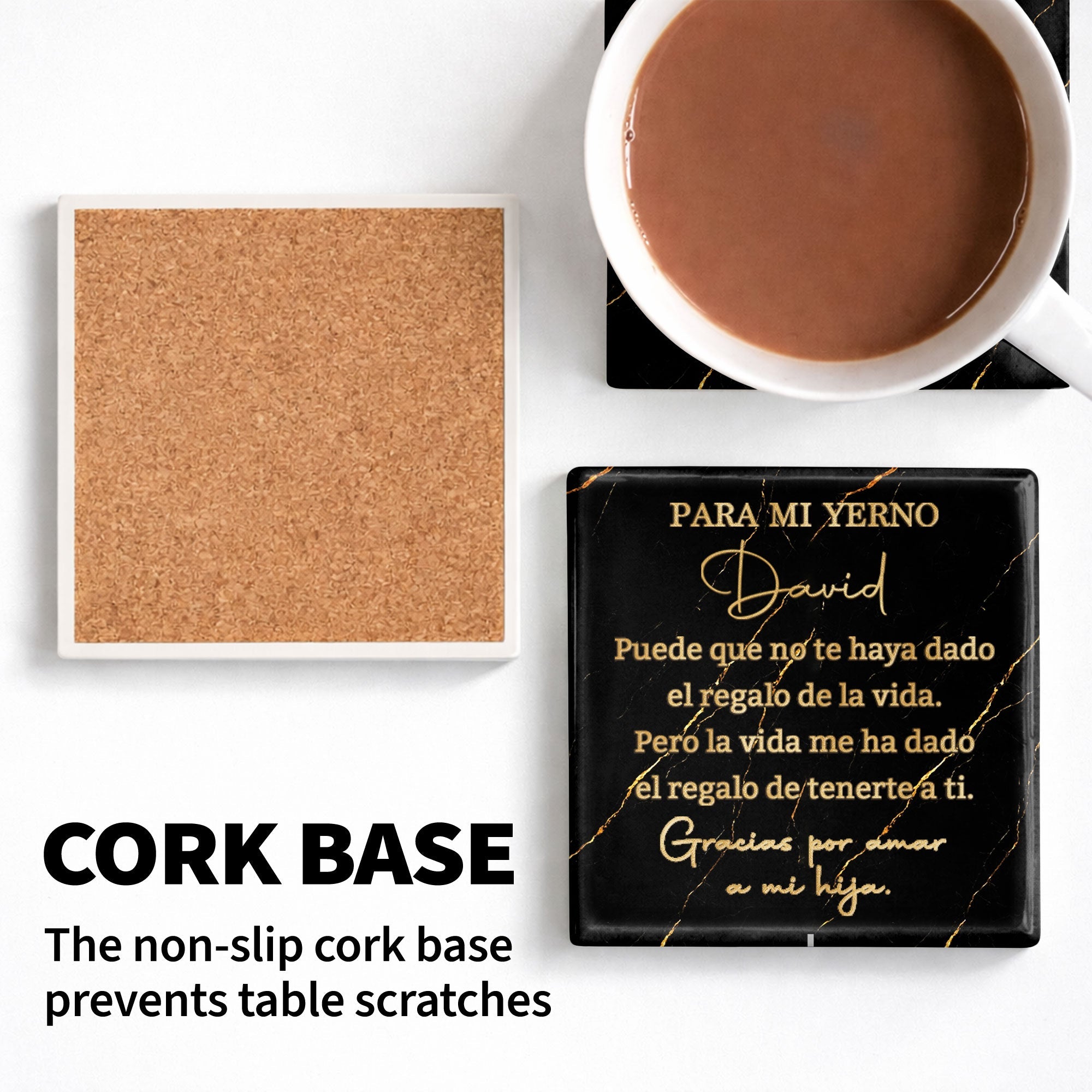 Personalized Black Marble Gold Veins Coaster Gift for Son-in-Law Square Ceramic Coaster GradoCreations