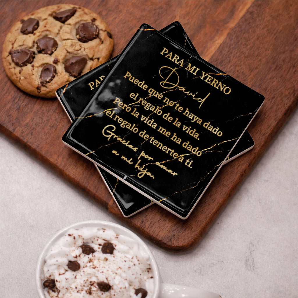 Personalized Black Marble Gold Veins Coaster Gift for Son-in-Law Square Ceramic Coaster GradoCreations