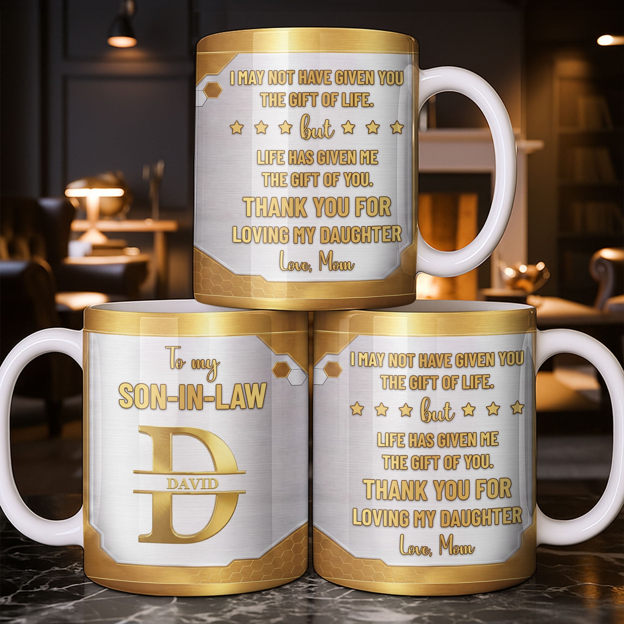 Personalized Gold Monogram Coffee Mug Custom Gift for Son-In-Law Edge-to-edge Mug GradoCreations