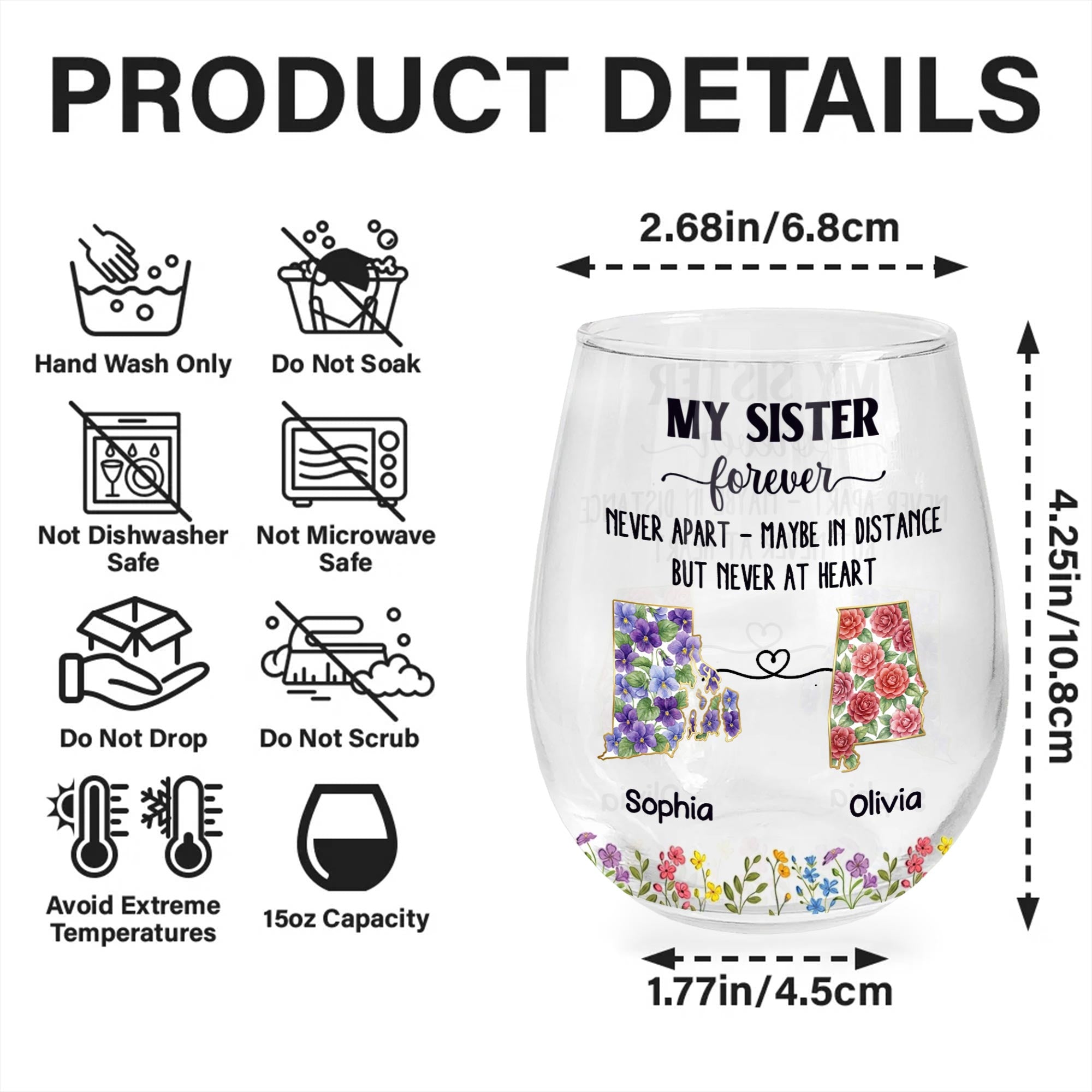 Personalized Floral Stemless Wine Glass Gift for Sister Wine Glasses GradoCreations