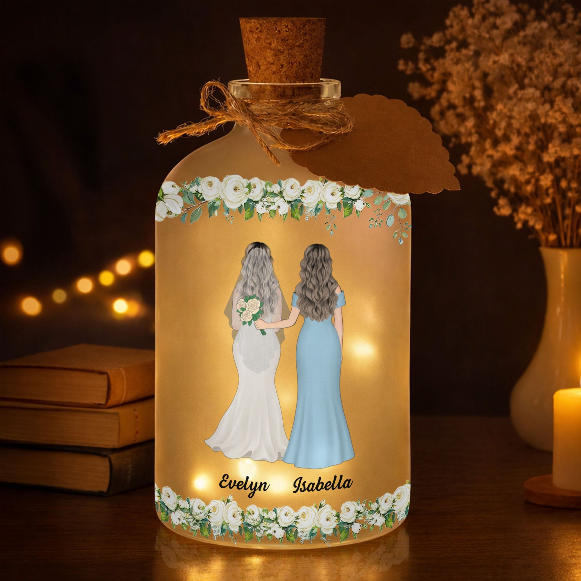 Personalized Frosted Glass Bottle Light Custom Name Gift for Bride Short Bottle Light GradoCreations
