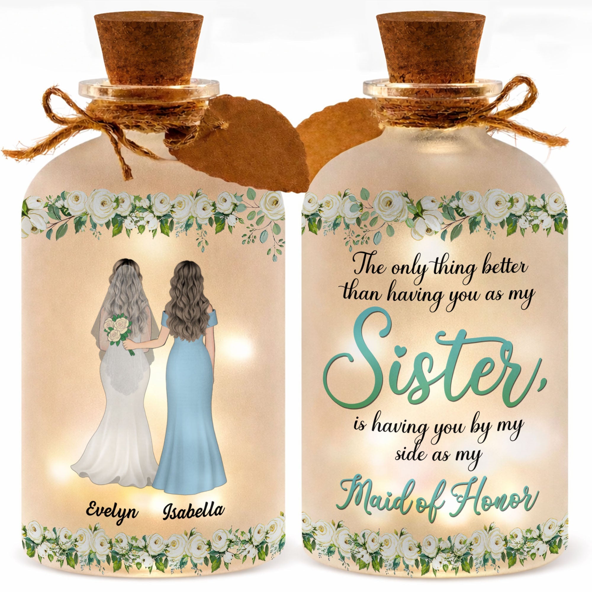 Personalized Frosted Glass Bottle Light Custom Name Gift for Bride Short Bottle Light GradoCreations