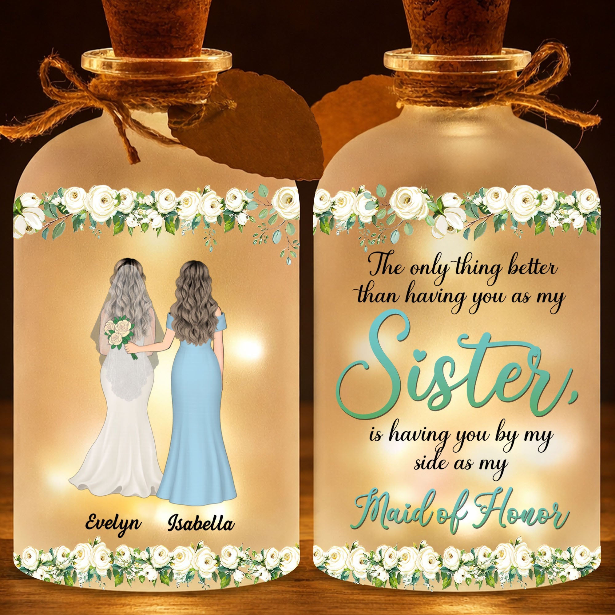 Personalized Frosted Glass Bottle Light Custom Name Gift for Bride Short Bottle Light GradoCreations