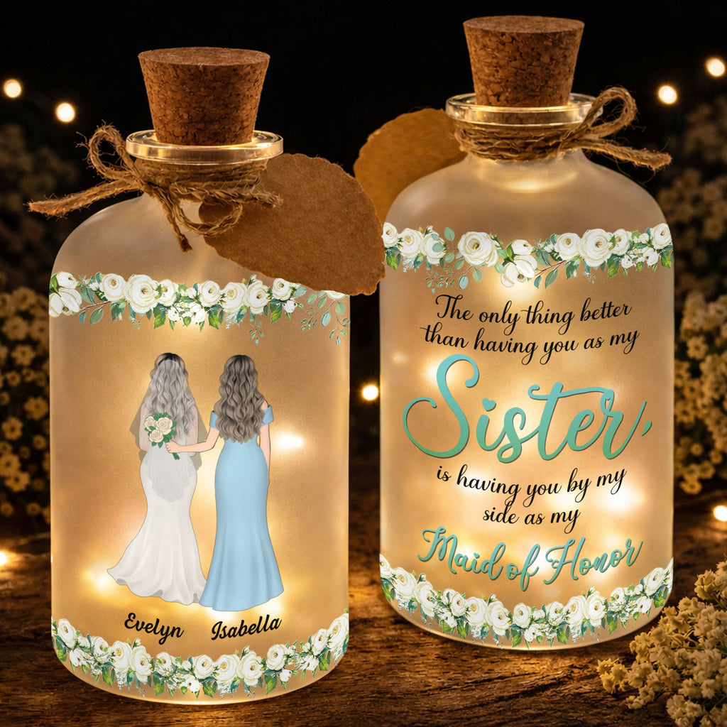 Personalized Frosted Glass Bottle Light Custom Name Gift for Bride Short Bottle Light GradoCreations
