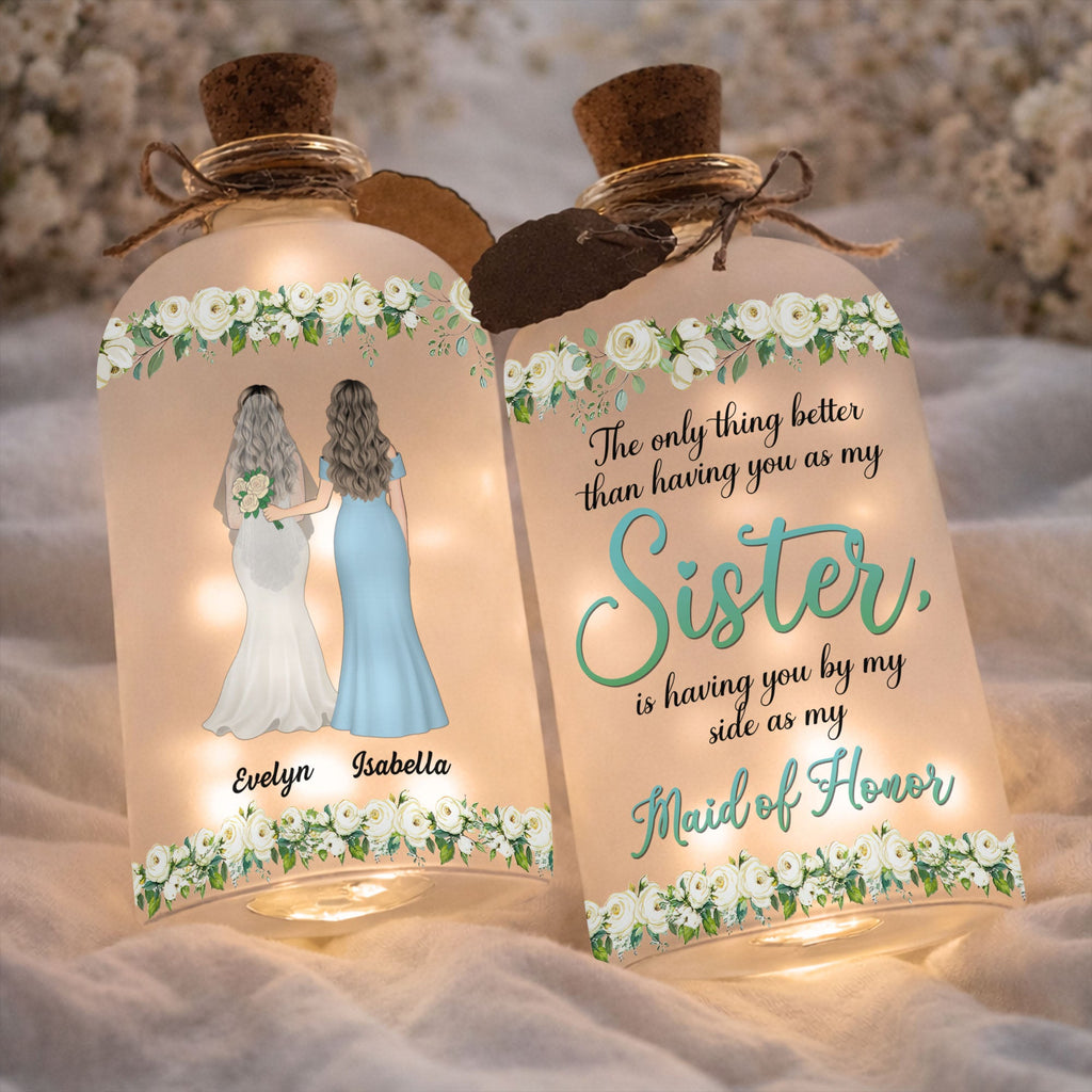 Personalized Frosted Glass Bottle Light Custom Name Gift for Bride Short Bottle Light GradoCreations