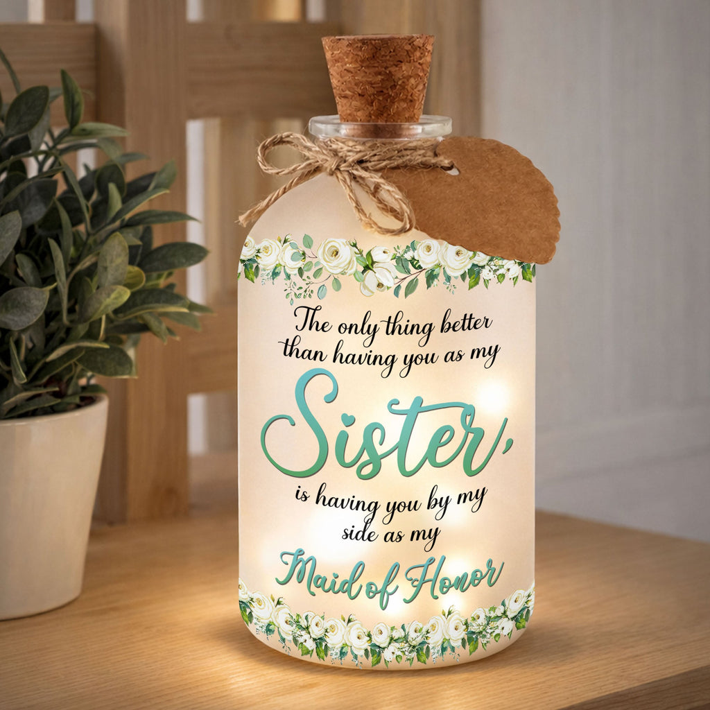 Personalized Frosted Glass Bottle Light Custom Name Gift for Bride Short Bottle Light GradoCreations