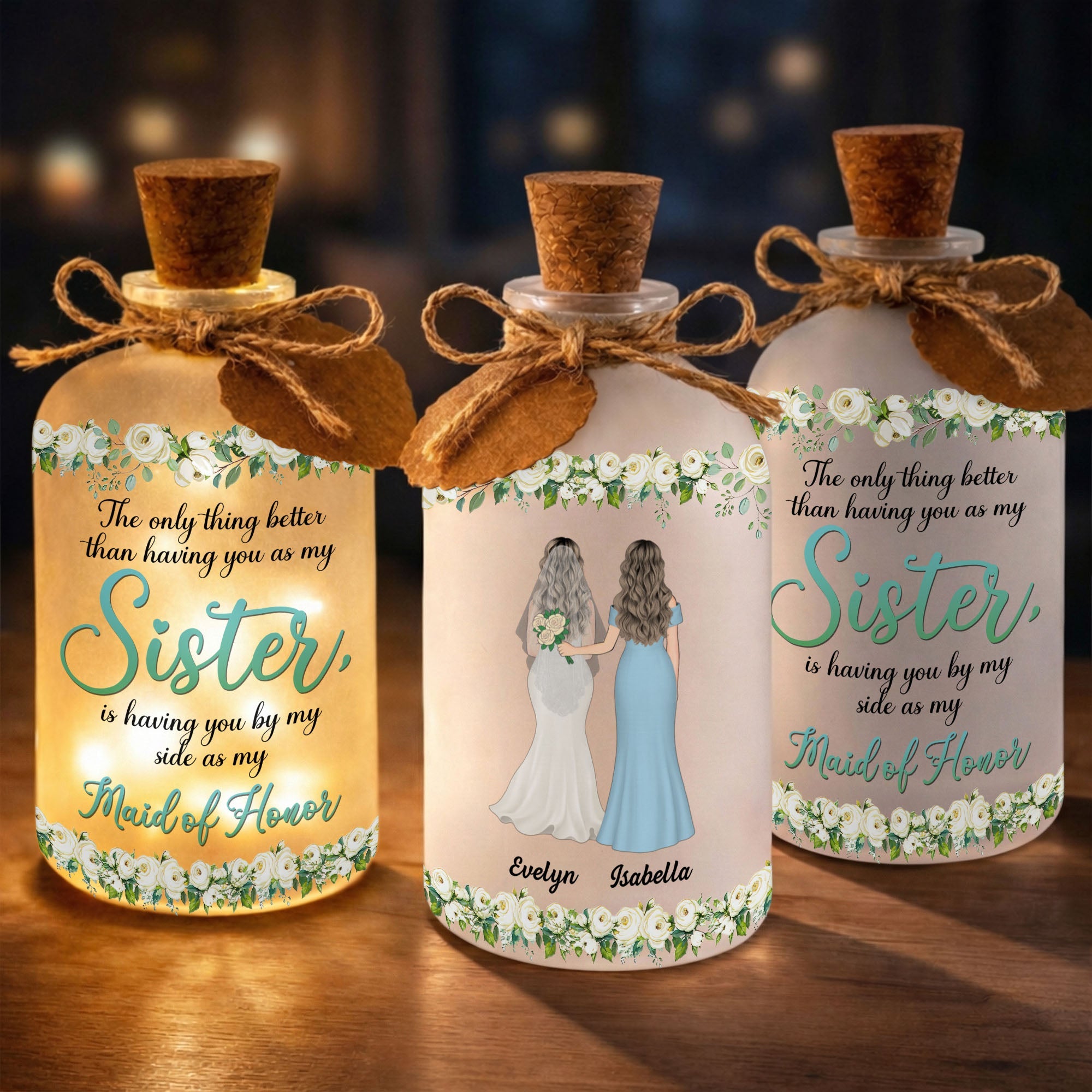 Personalized Frosted Glass Bottle Light Custom Name Gift for Bride Short Bottle Light GradoCreations