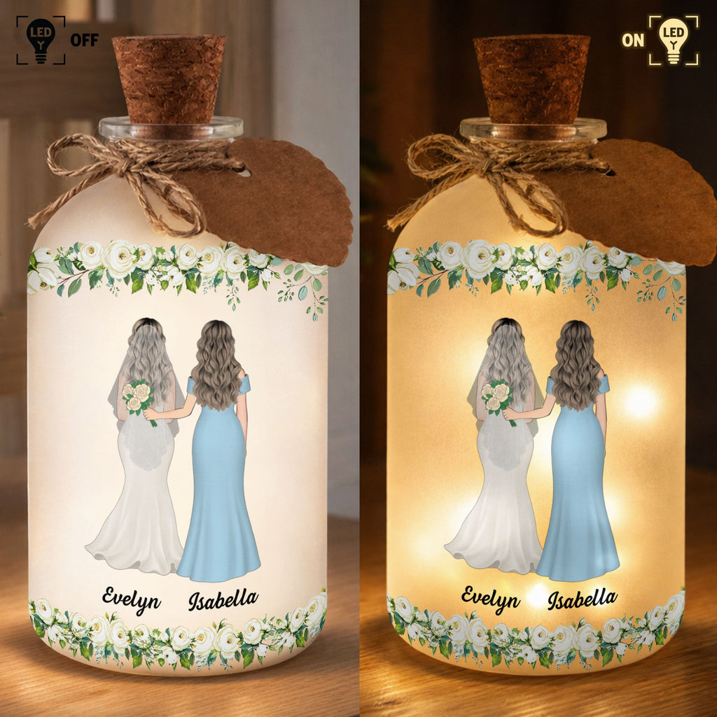 Personalized Frosted Glass Bottle Light Custom Name Gift for Bride Short Bottle Light GradoCreations