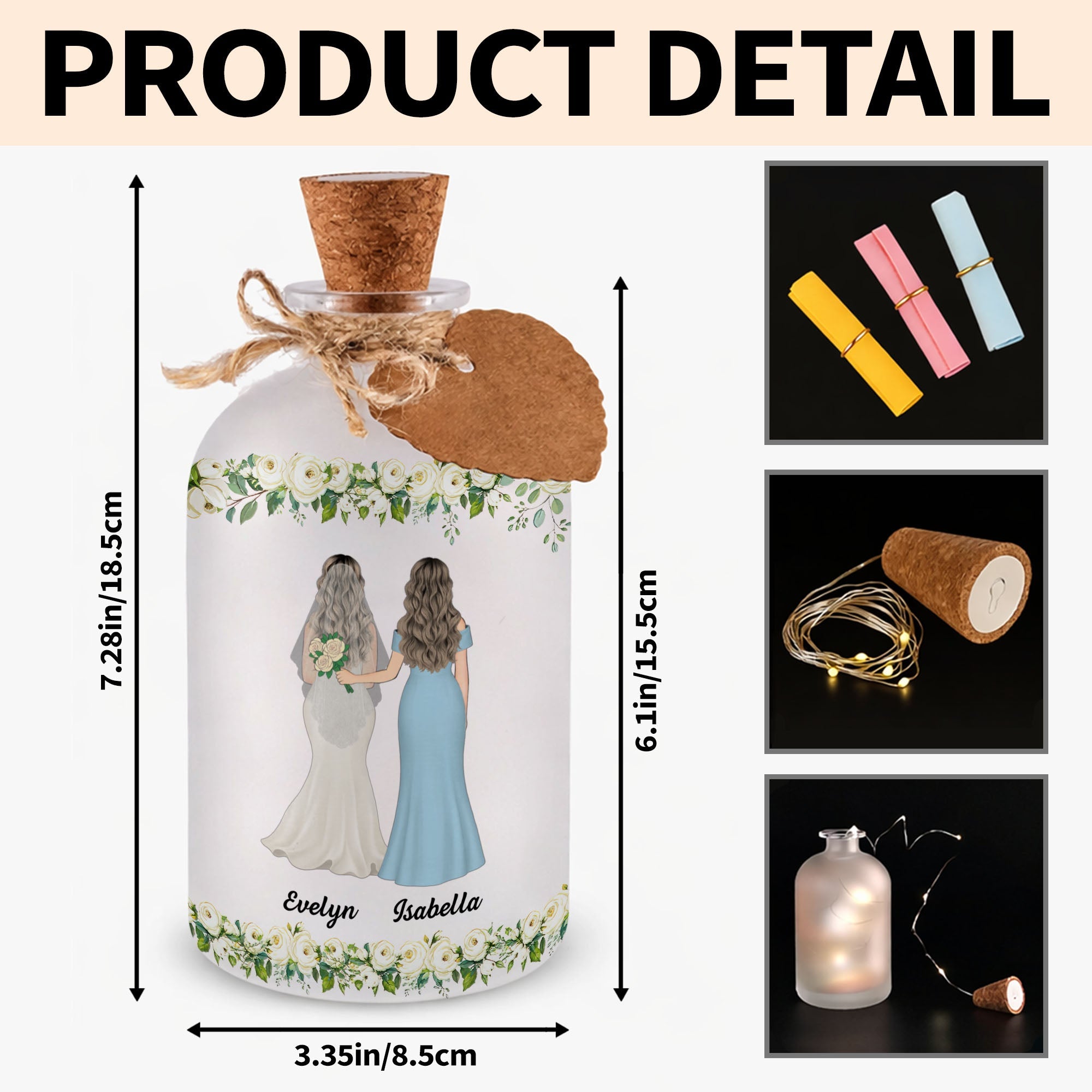 Personalized Frosted Glass Bottle Light Custom Name Gift for Bride Short Bottle Light GradoCreations