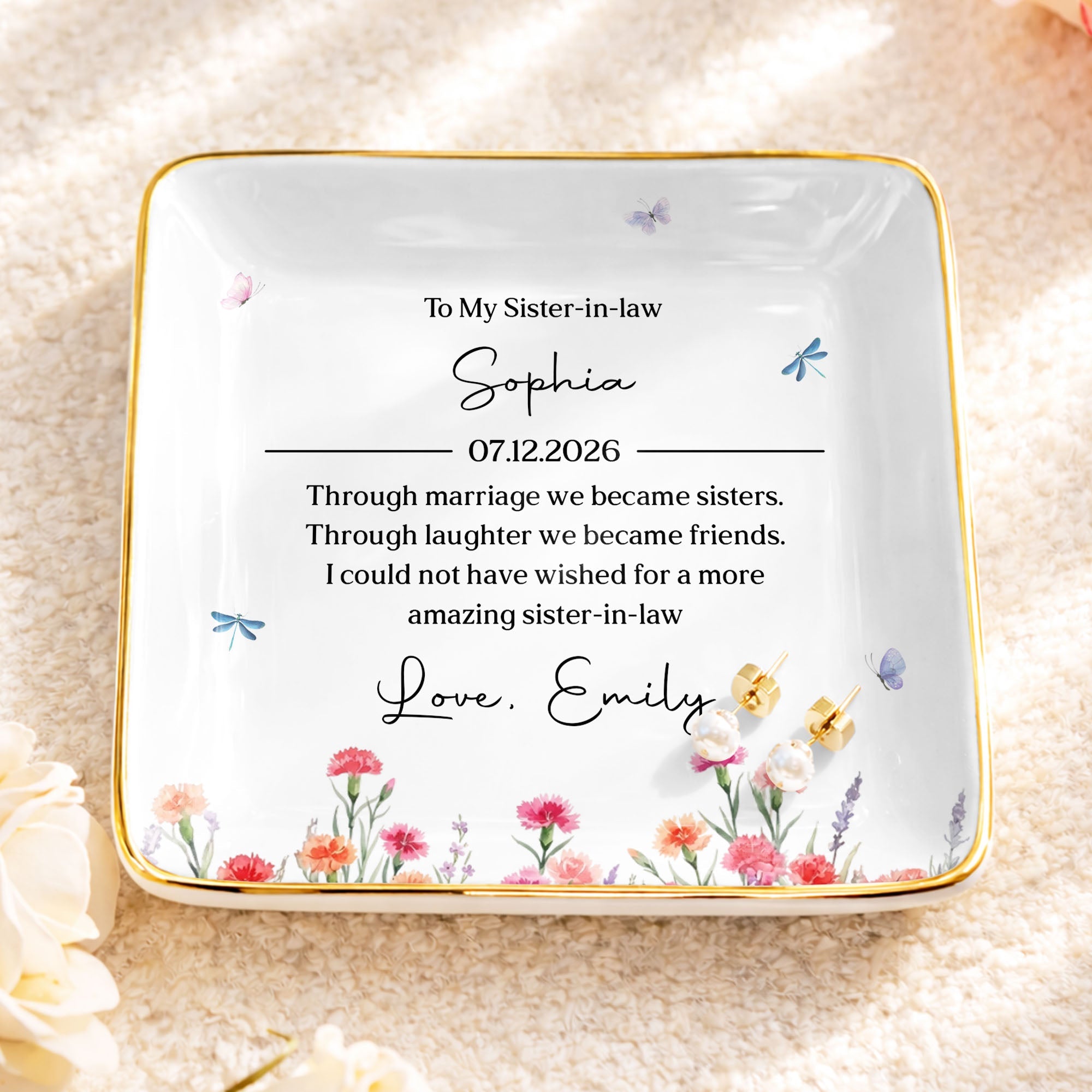 Personalized Floral Jewelry Dish Custom Gift for Sister-in-Law