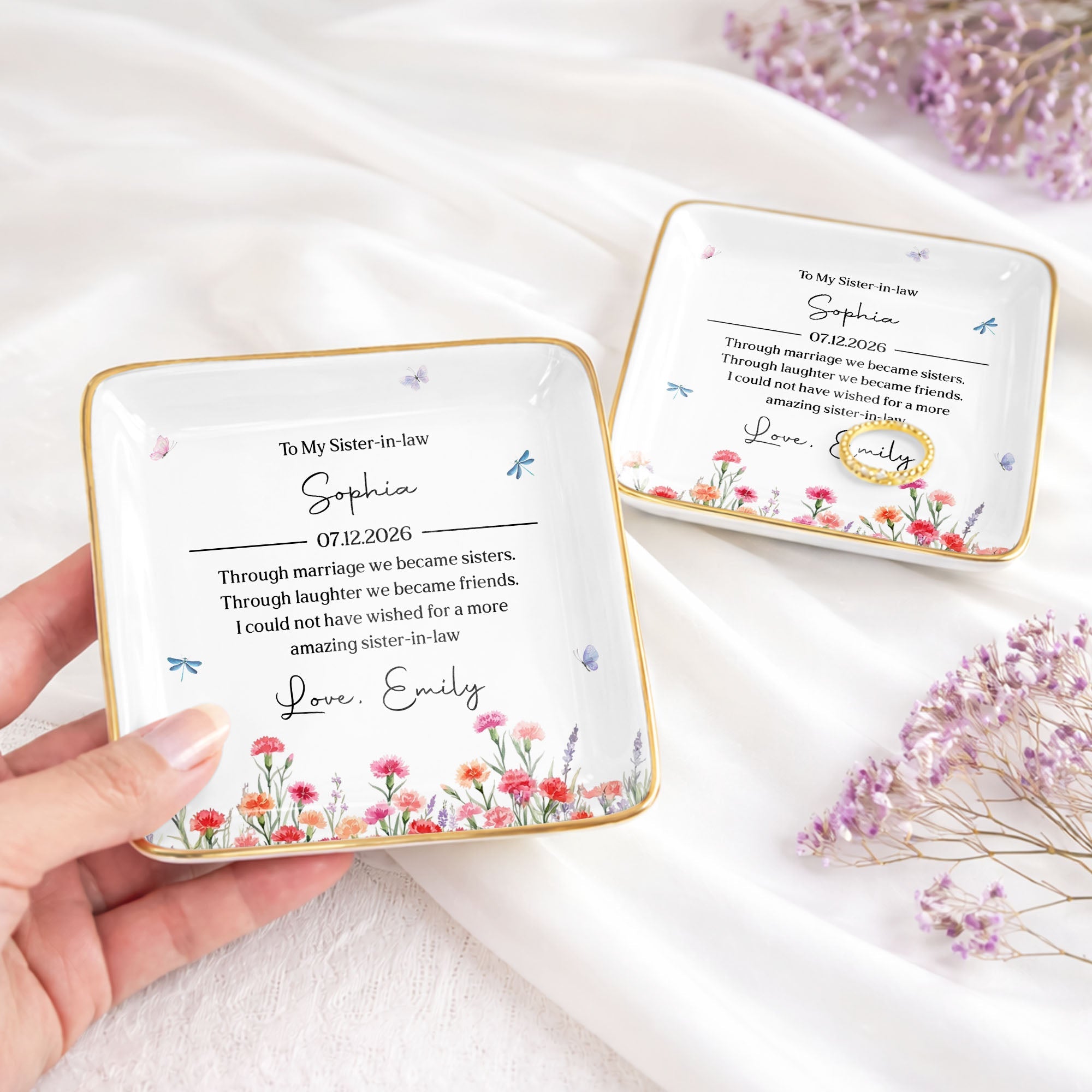 Personalized Floral Jewelry Dish Custom Gift for Sister-in-Law