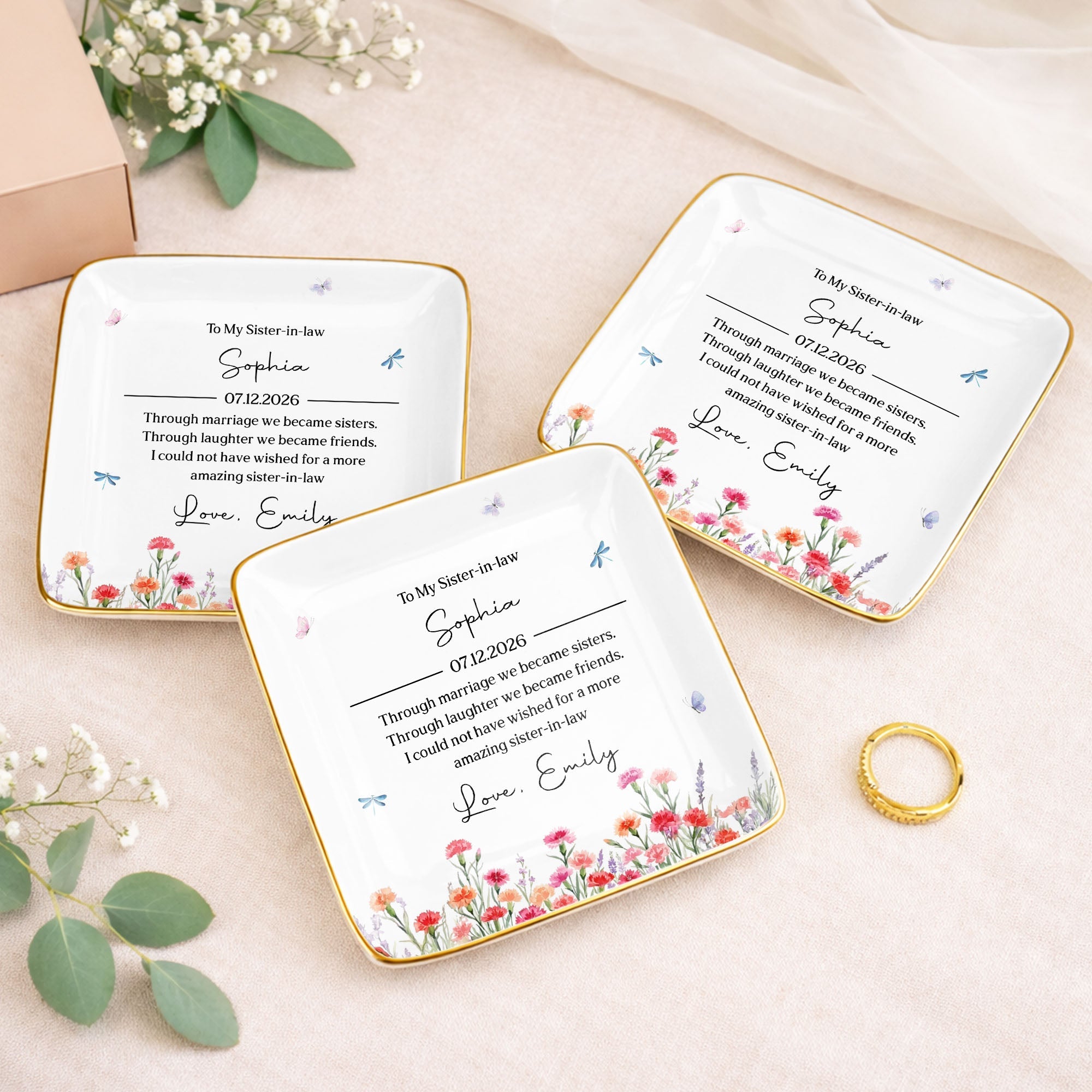Personalized Floral Jewelry Dish Custom Gift for Sister-in-Law