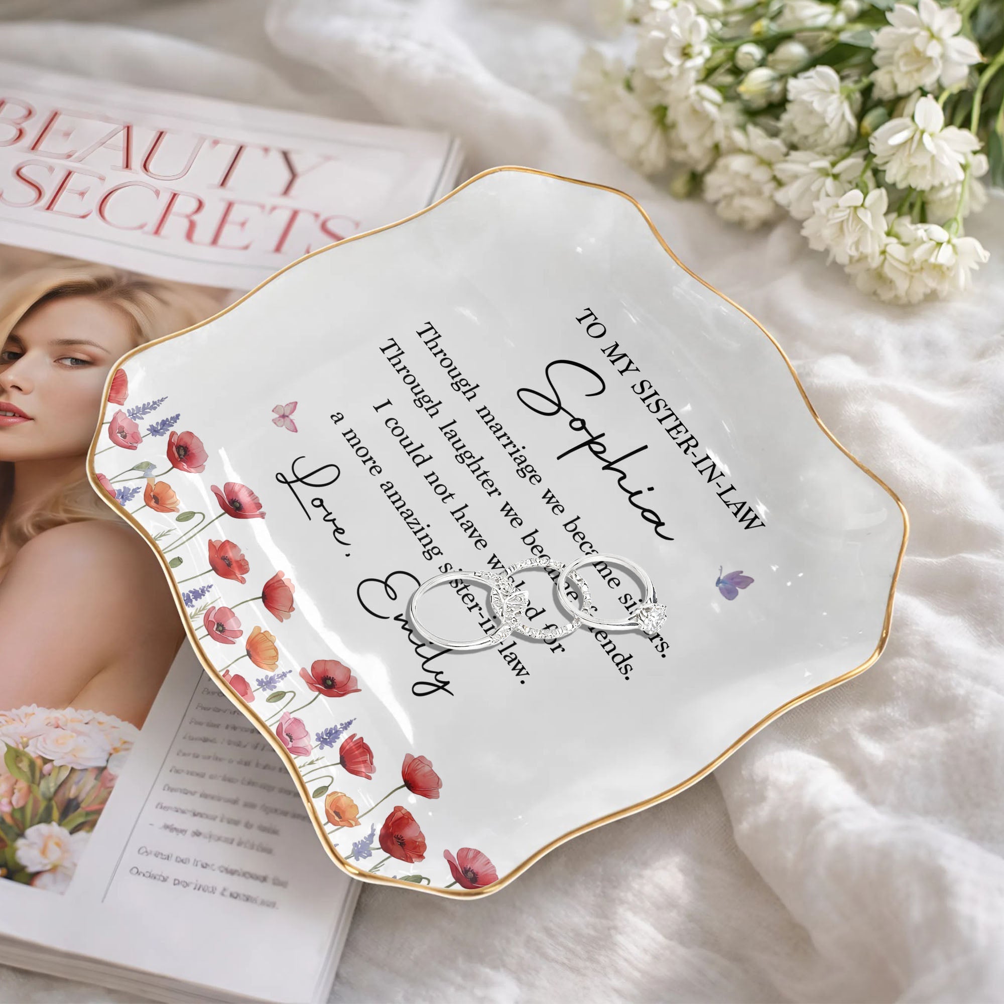Personalized Lace Square Jewelry Dish Custom Birth Flowers Gift for Sister-in-Law