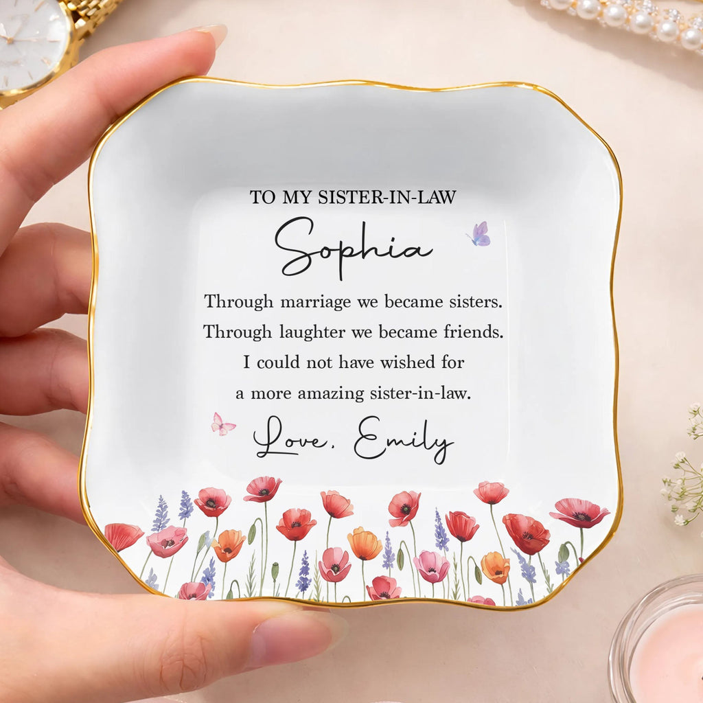 Personalized Lace Square Jewelry Dish Custom Birth Flowers Gift for Sister-in-Law
