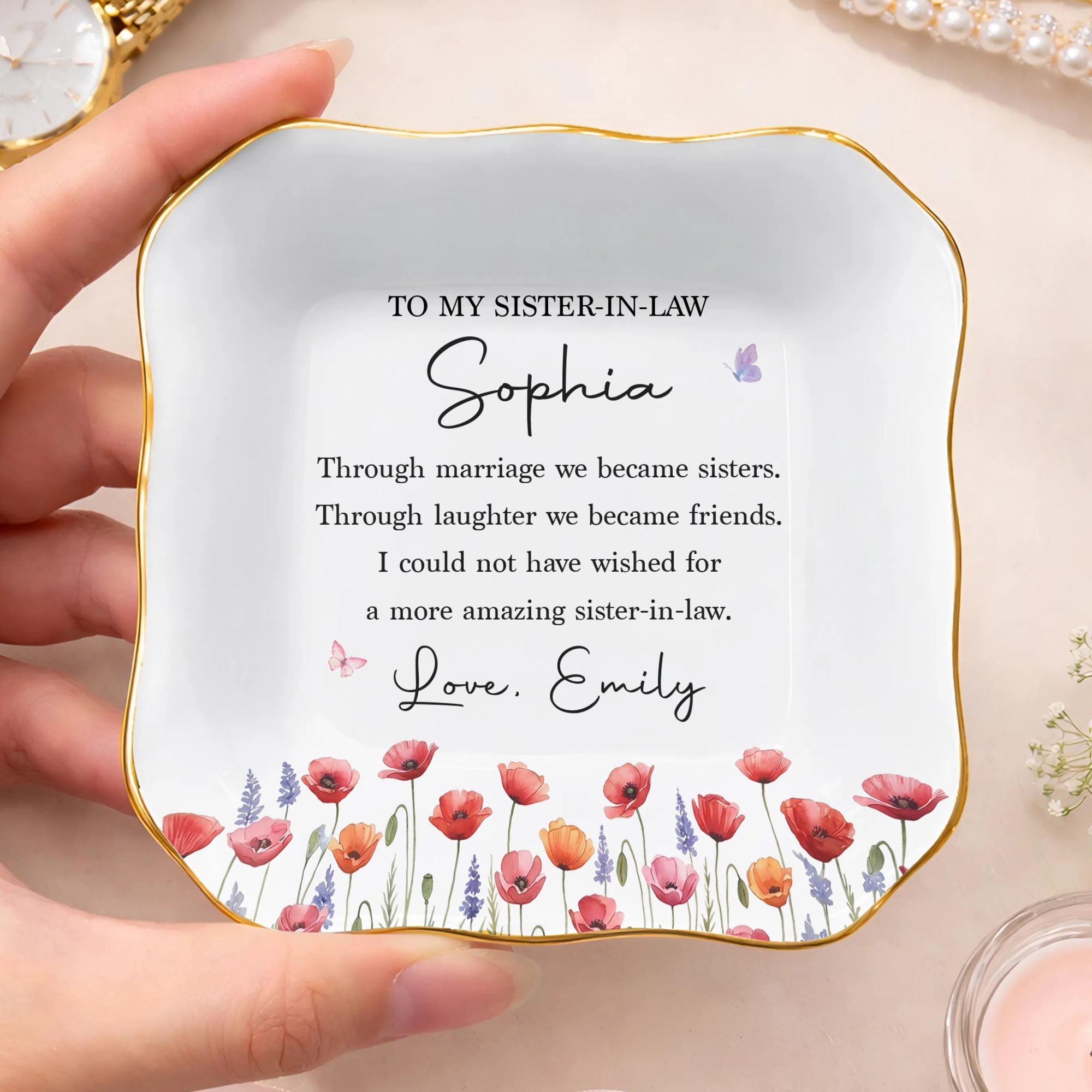 Personalized Lace Square Jewelry Dish Custom Birth Flowers Gift for Sister-in-Law