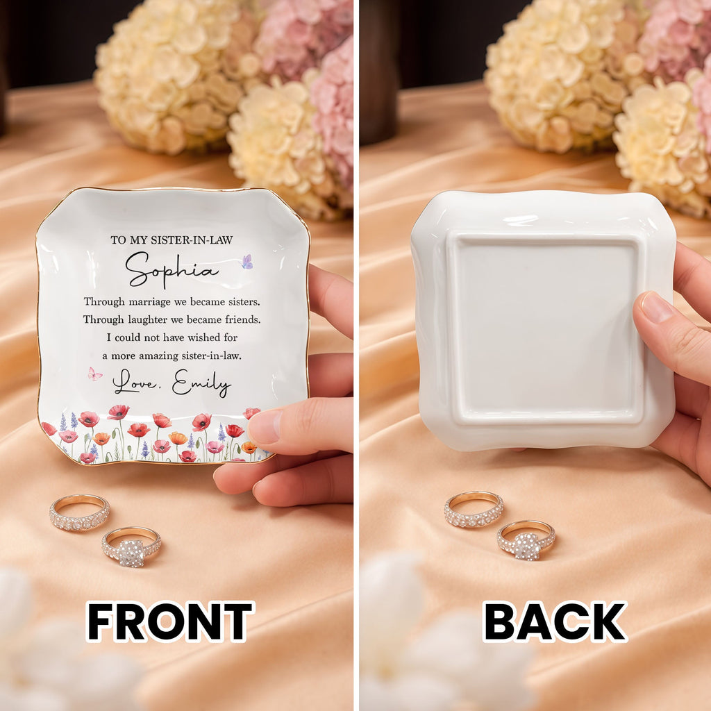 Personalized Lace Square Jewelry Dish Custom Birth Flowers Gift for Sister-in-Law