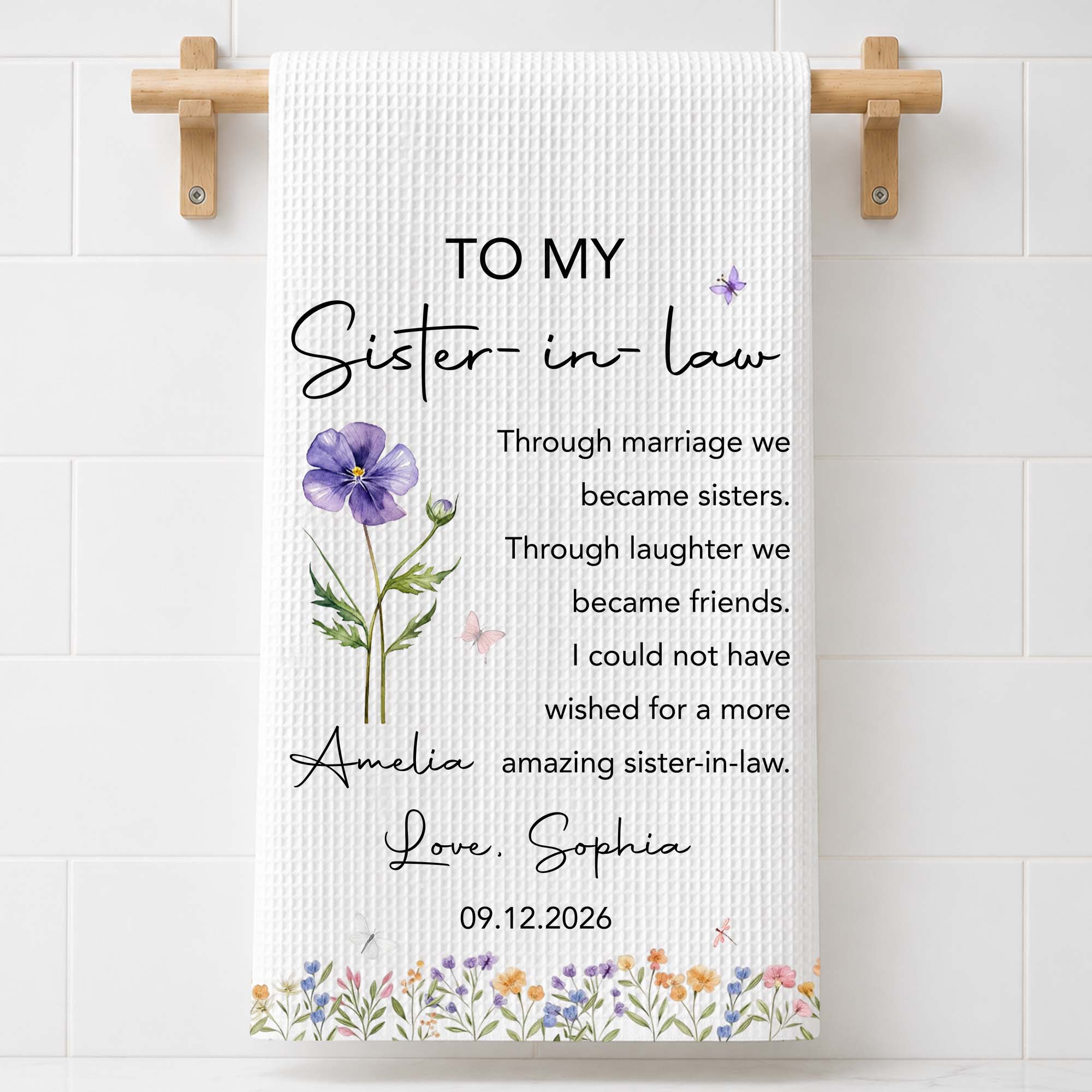 Personalized Kitchen Towel Custom Birth Month Flowers Gift for Sister-in-Law