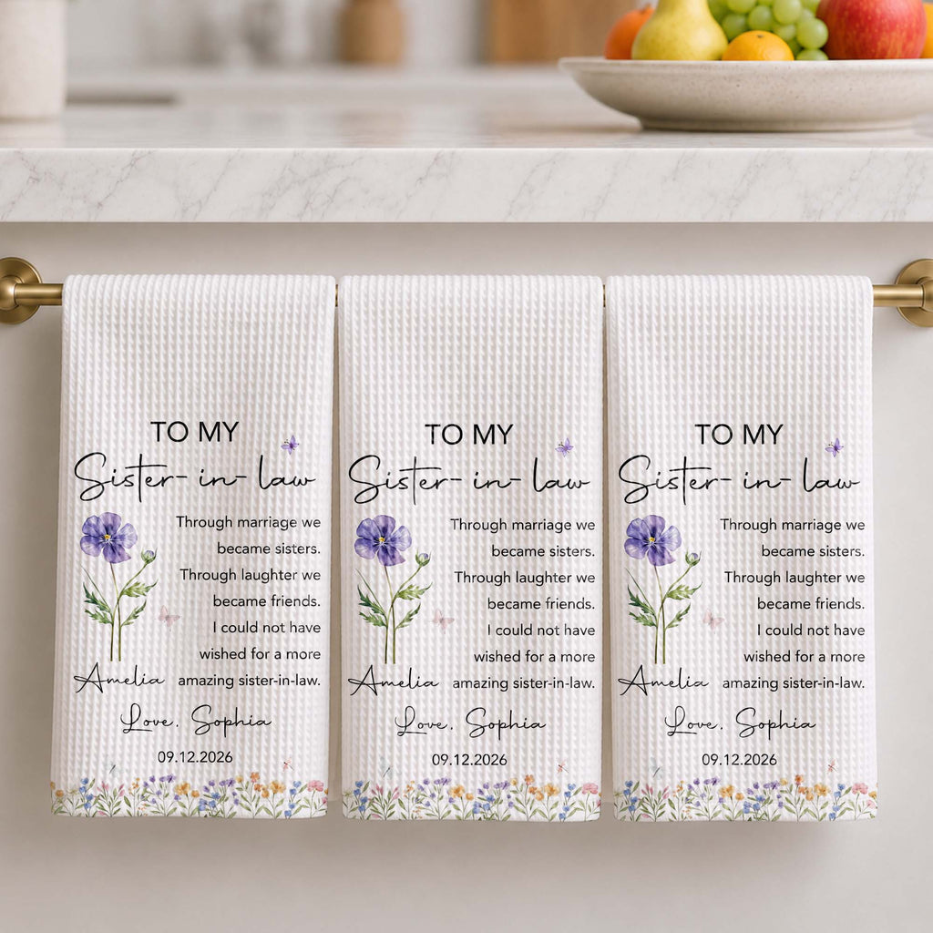 Personalized Kitchen Towel Custom Birth Month Flowers Gift for Sister-in-Law