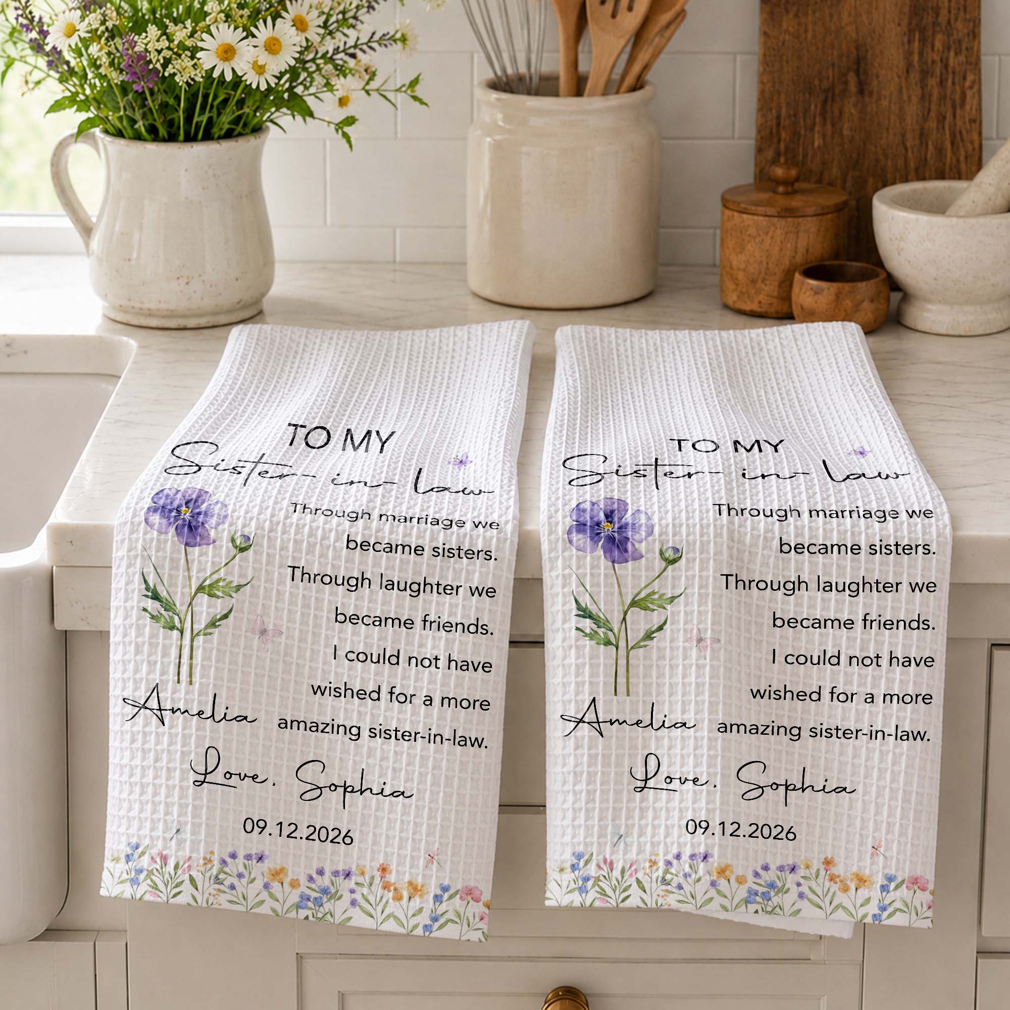 Personalized Kitchen Towel Custom Birth Month Flowers Gift for Sister-in-Law