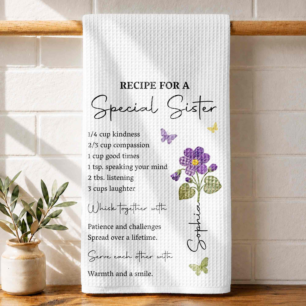 Personalized Kitchen Towel Recipe Gift for Sister with Flowers Kitchen Towel GradoCreations