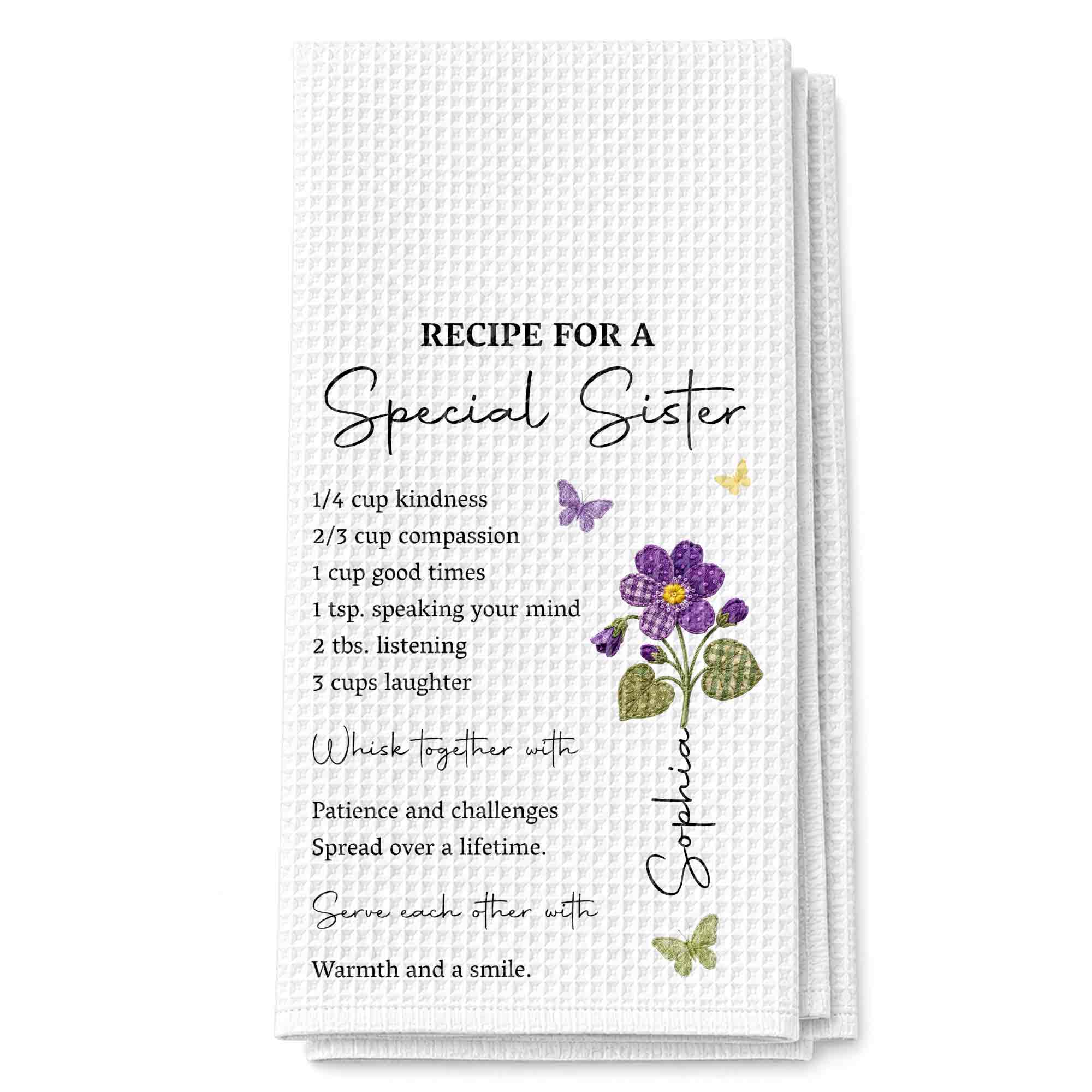Personalized Kitchen Towel Recipe Gift for Sister with Flowers Kitchen Towel GradoCreations