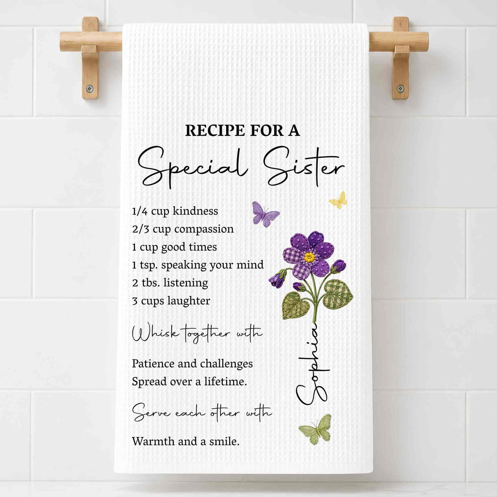 Personalized Kitchen Towel Recipe Gift for Sister with Flowers Kitchen Towel GradoCreations