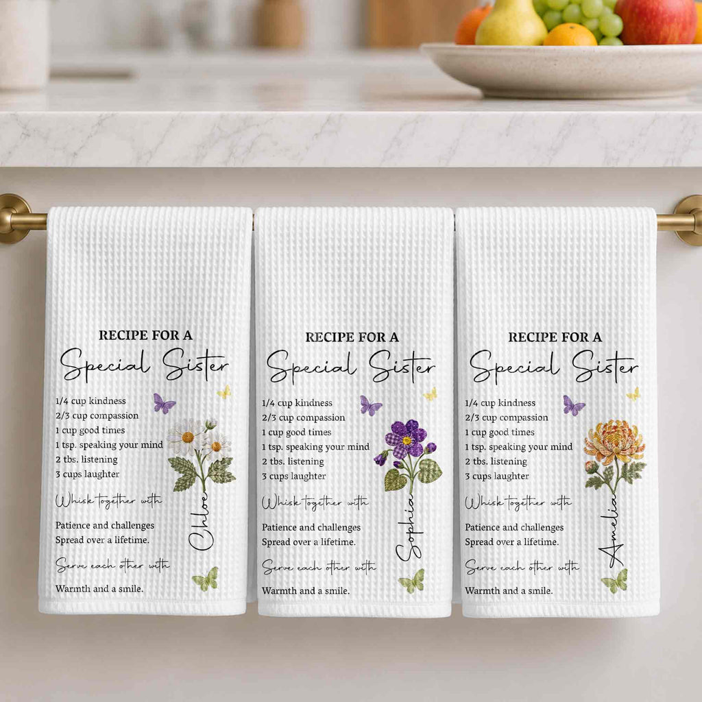 Personalized Kitchen Towel Recipe Gift for Sister with Flowers Kitchen Towel GradoCreations
