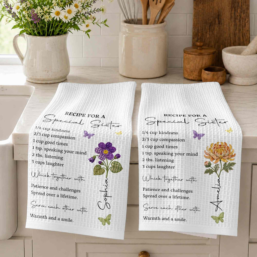 Personalized Kitchen Towel Recipe Gift for Sister with Flowers Kitchen Towel GradoCreations