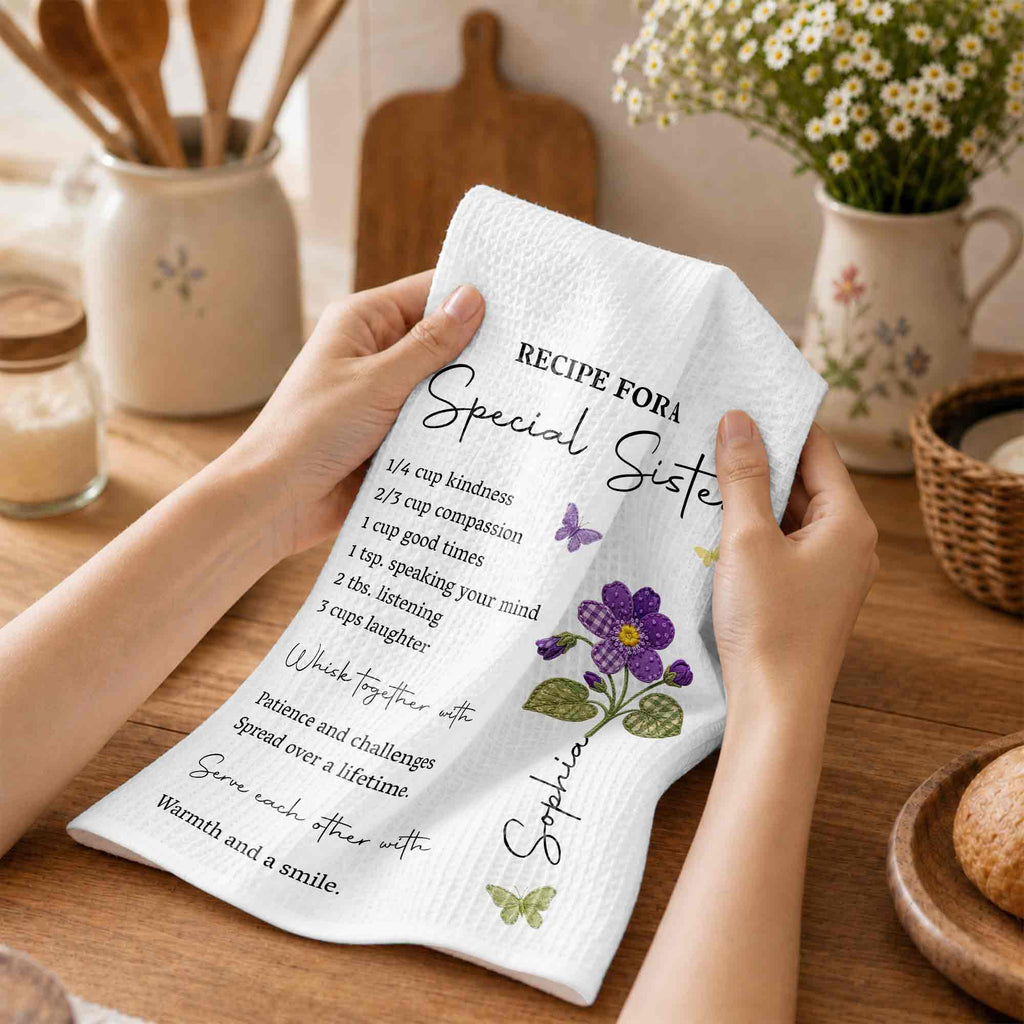 Personalized Kitchen Towel Recipe Gift for Sister with Flowers Kitchen Towel GradoCreations