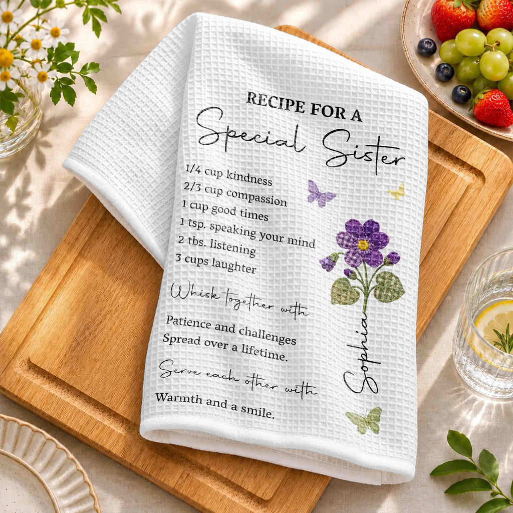 Personalized Kitchen Towel Recipe Gift for Sister with Flowers Kitchen Towel GradoCreations