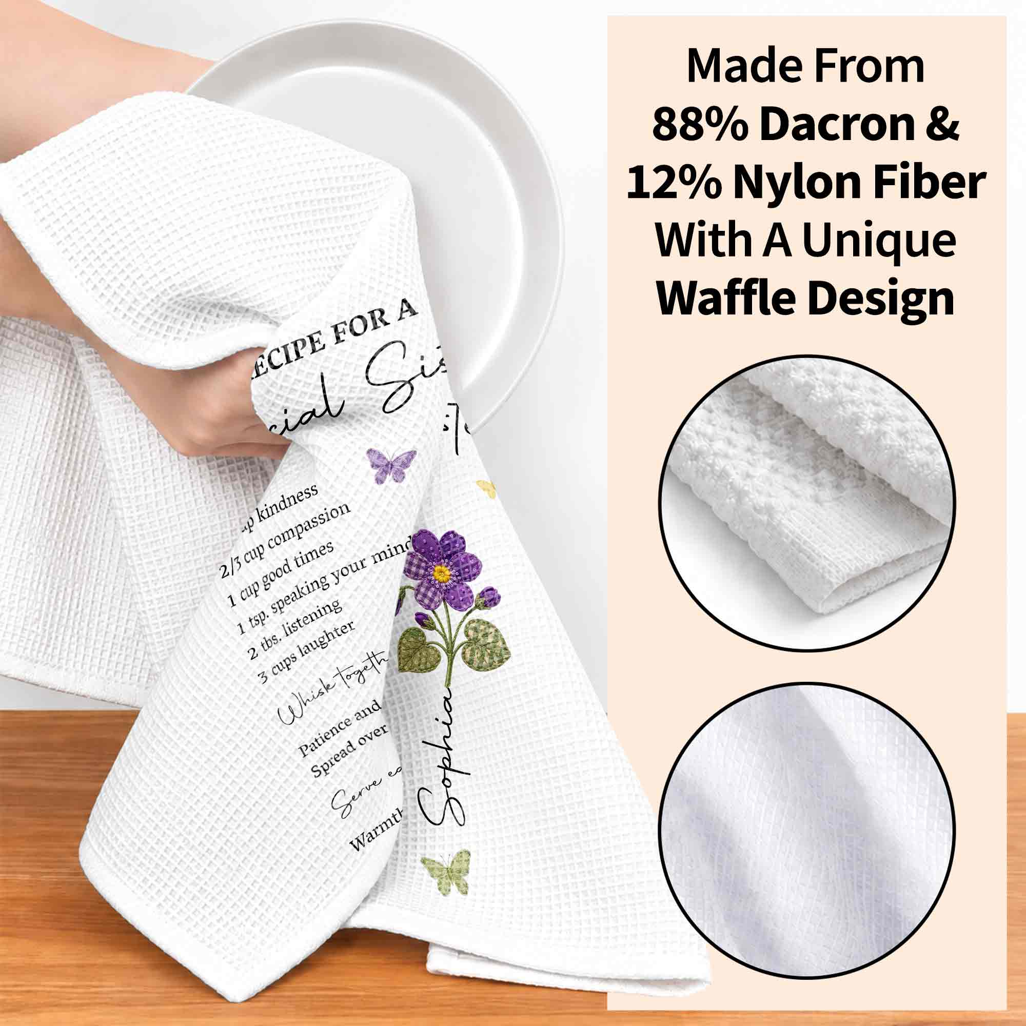 Personalized Kitchen Towel Recipe Gift for Sister with Flowers Kitchen Towel GradoCreations