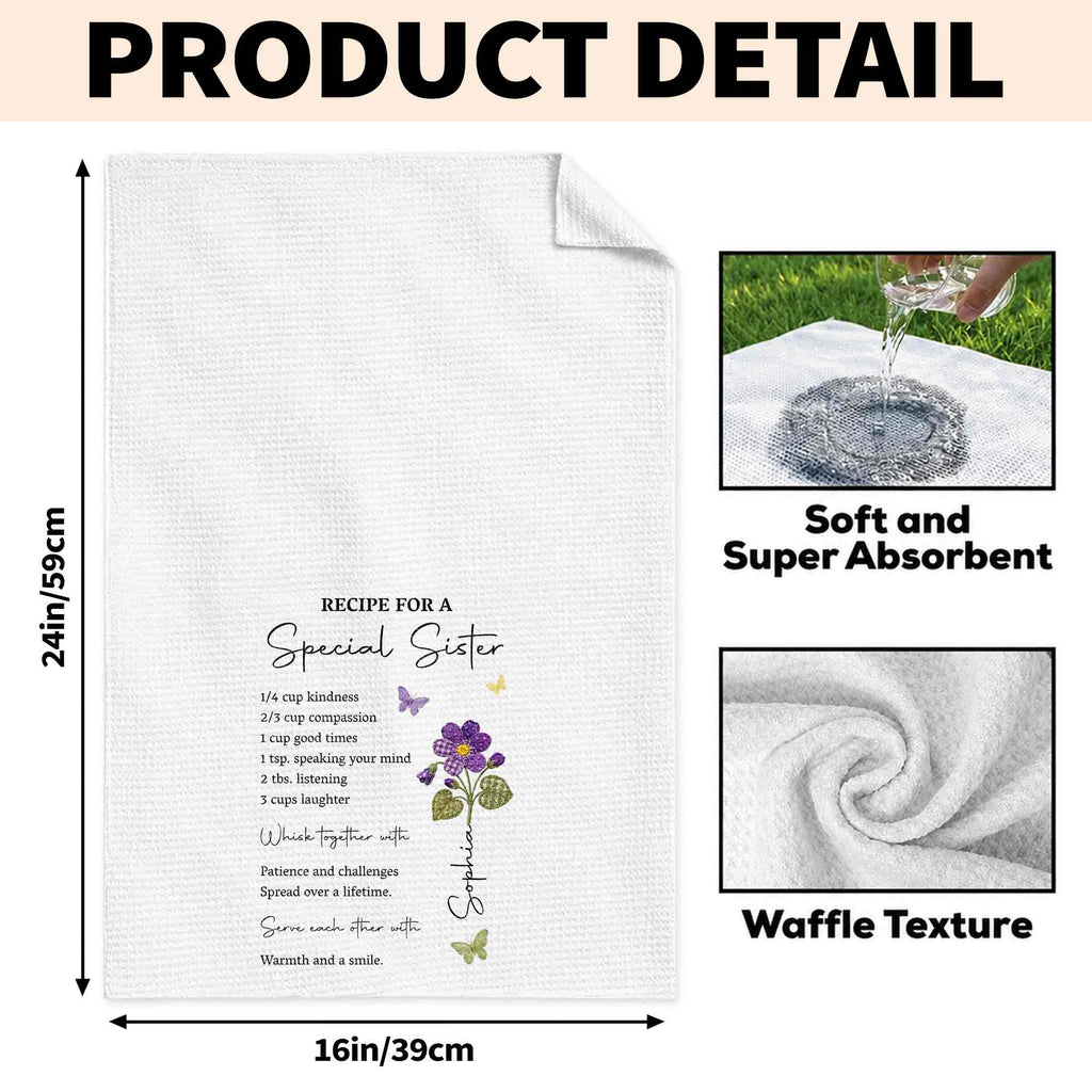 Personalized Kitchen Towel Recipe Gift for Sister with Flowers Kitchen Towel GradoCreations