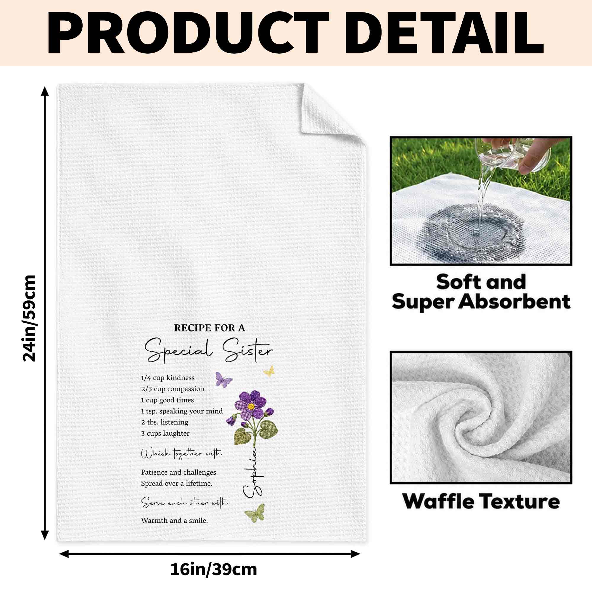 Personalized Kitchen Towel Recipe Gift for Sister with Flowers Kitchen Towel GradoCreations