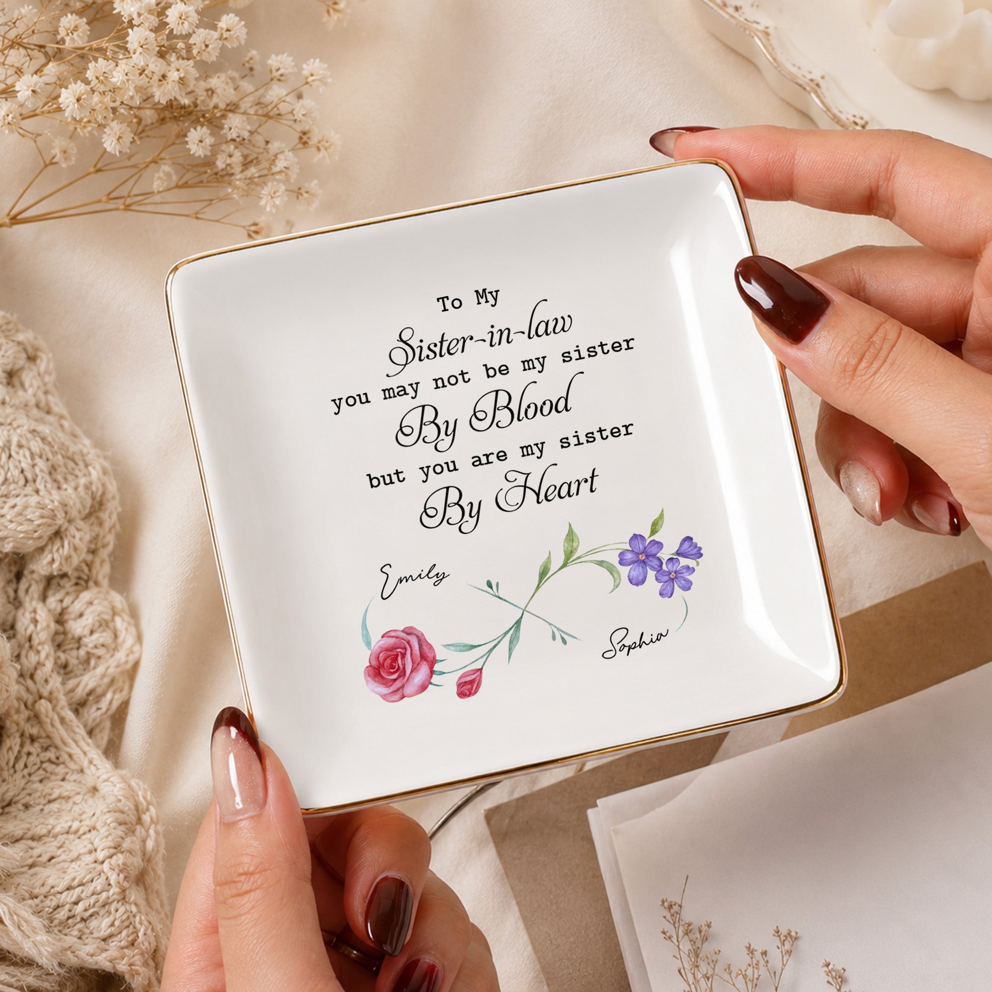 Personalized Birth Month Flowers Jewelry Dish Gift for Sister-in-Law