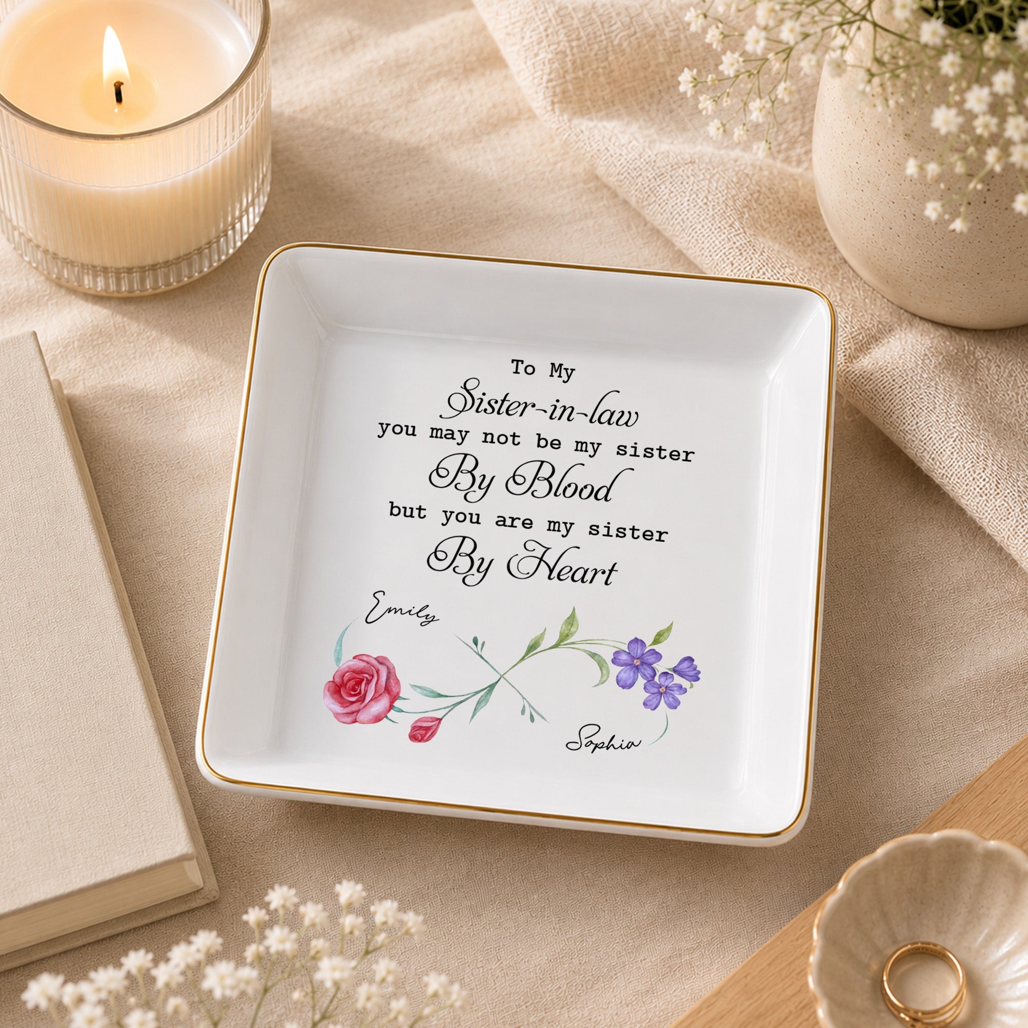 Personalized Birth Month Flowers Jewelry Dish Gift for Sister-in-Law