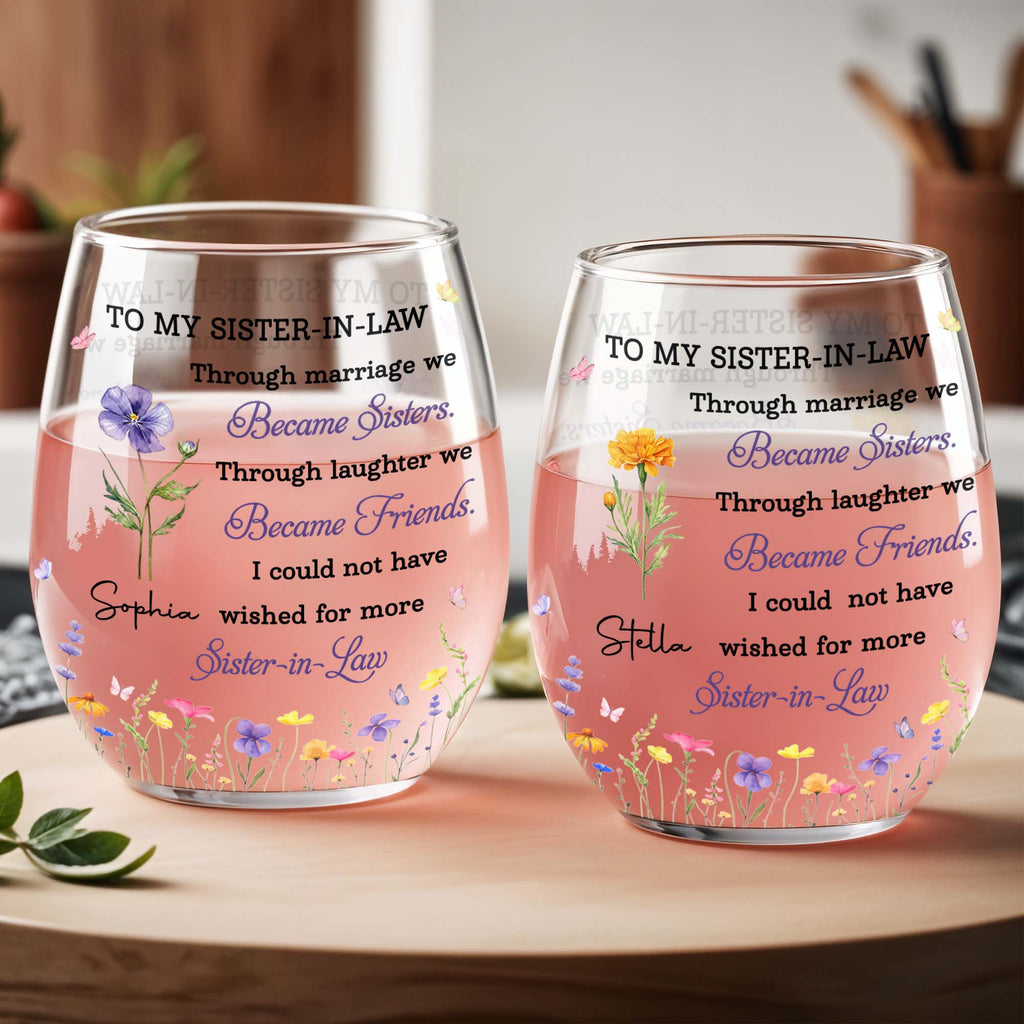 Personalized Stemless Wine Glass Custom Birth Month Flowers Gift for Sister-in-Law Wine Glasses GradoCreations