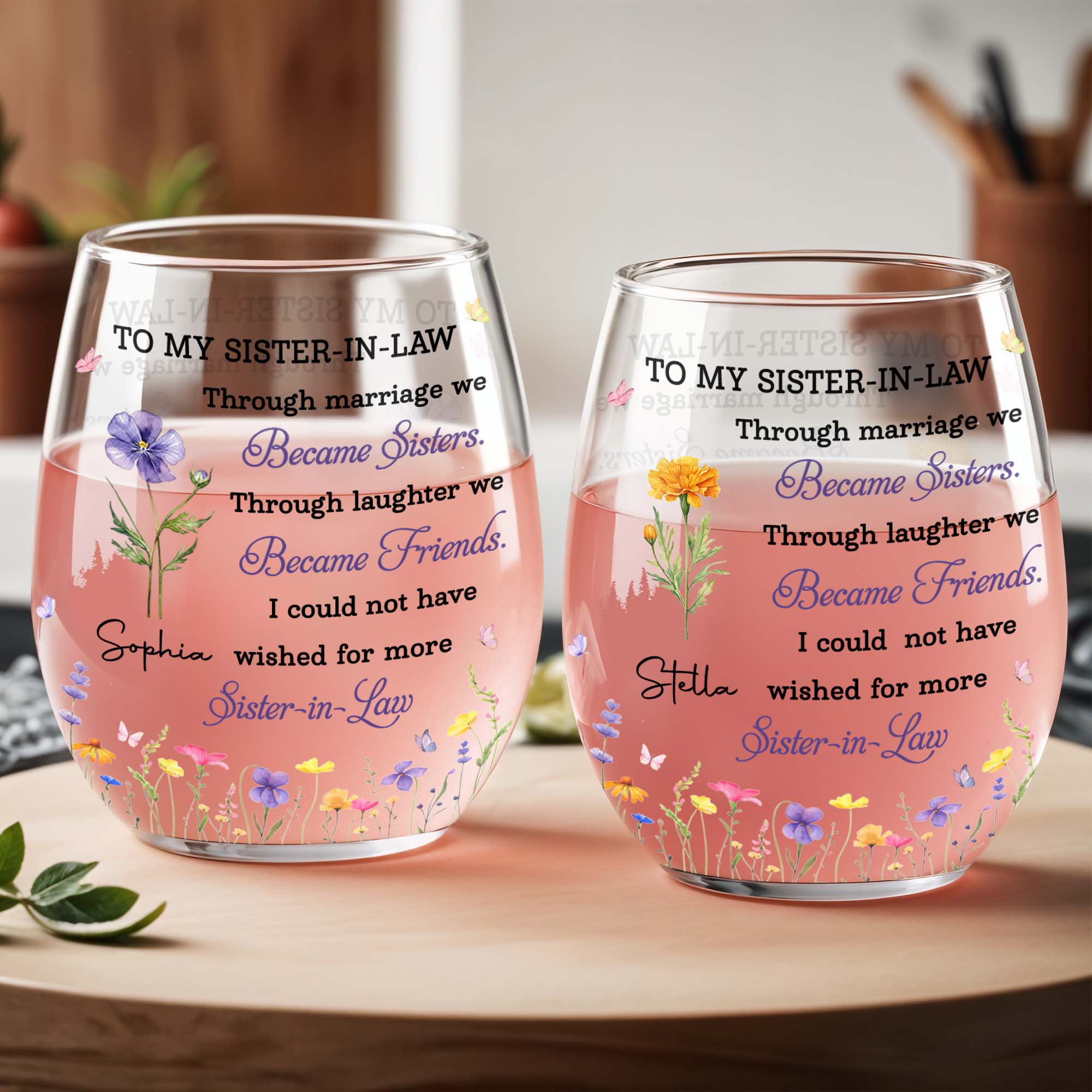 Personalized Stemless Wine Glass Custom Birth Month Flowers Gift for Sister-in-Law Wine Glasses GradoCreations