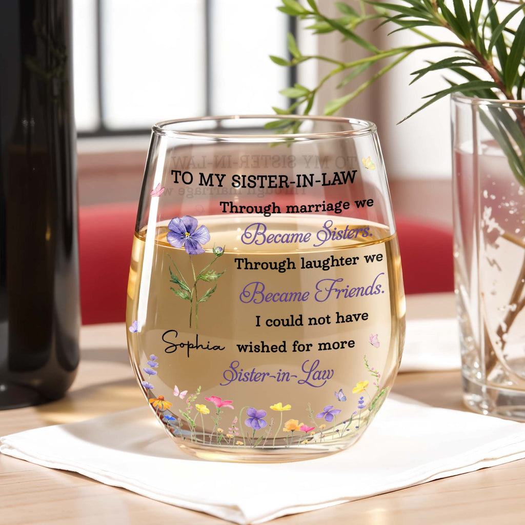 Personalized Stemless Wine Glass Custom Birth Month Flowers Gift for Sister-in-Law Wine Glasses GradoCreations