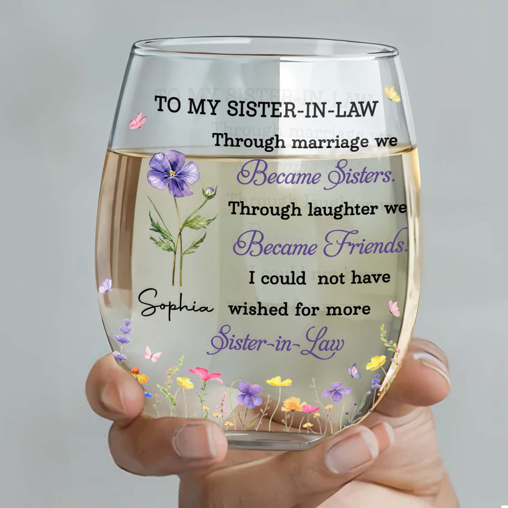 Personalized Stemless Wine Glass Custom Birth Month Flowers Gift for Sister-in-Law Wine Glasses GradoCreations